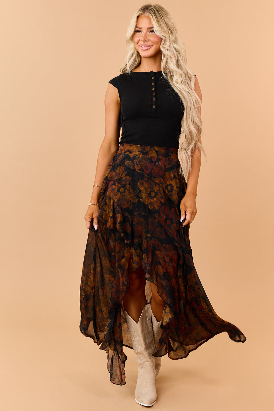 Black Floral Tiered Ruffle Front Slit Maxi Skirt