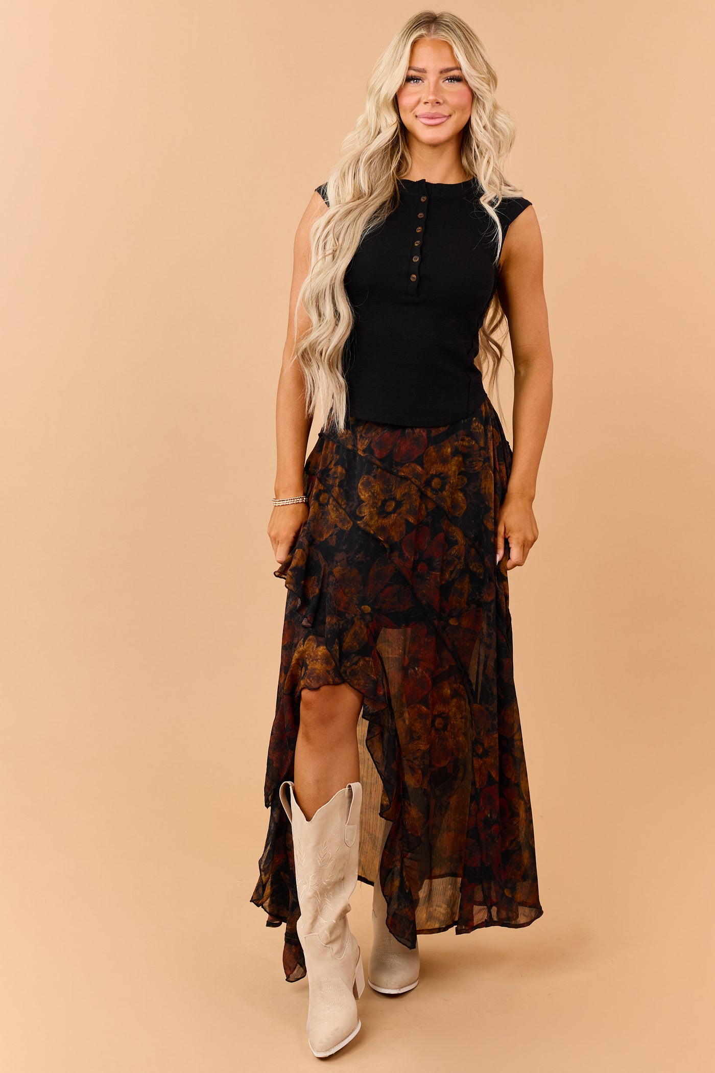 Black Floral Tiered Ruffle Front Slit Maxi Skirt