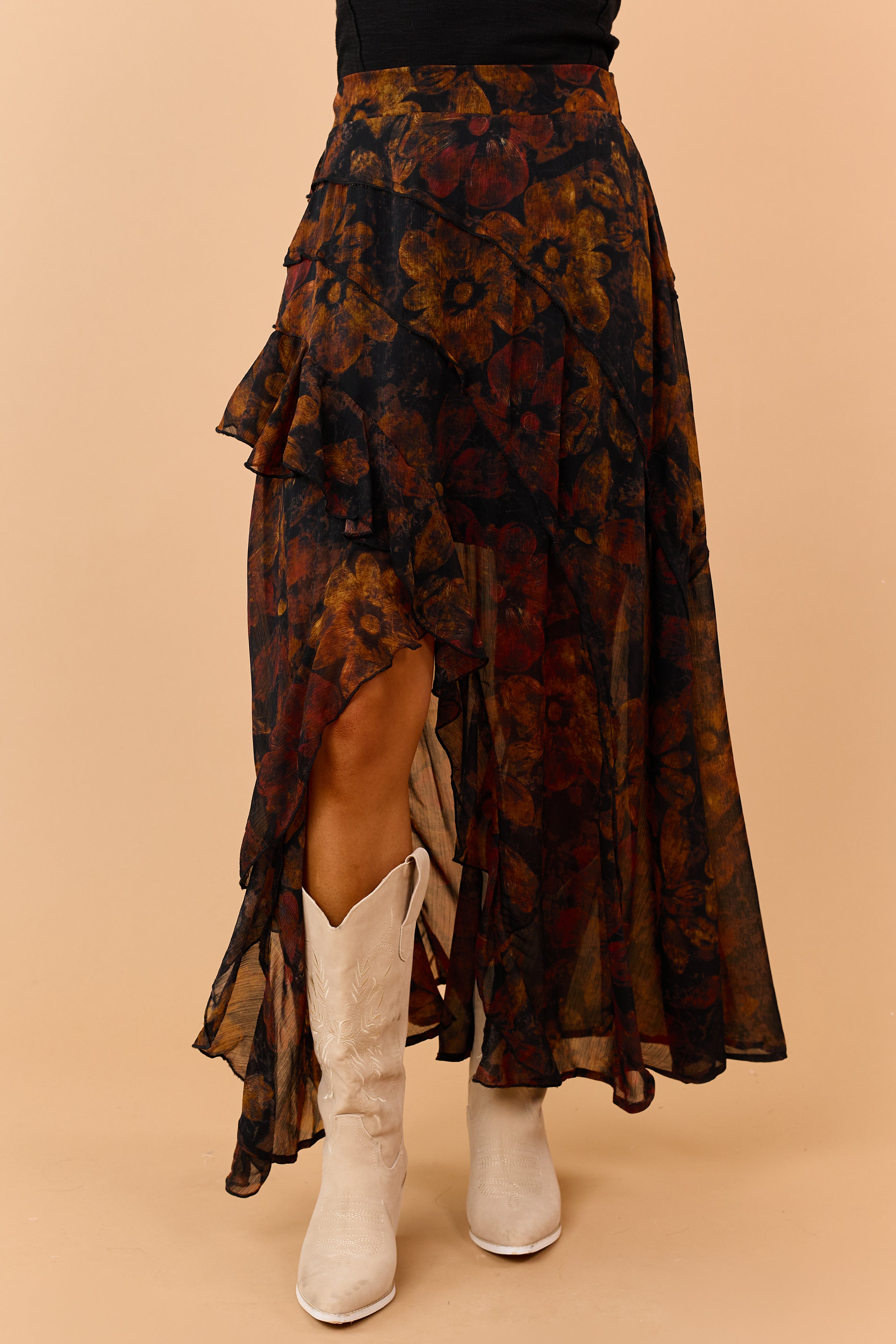 Black Floral Tiered Ruffle Front Slit Maxi Skirt