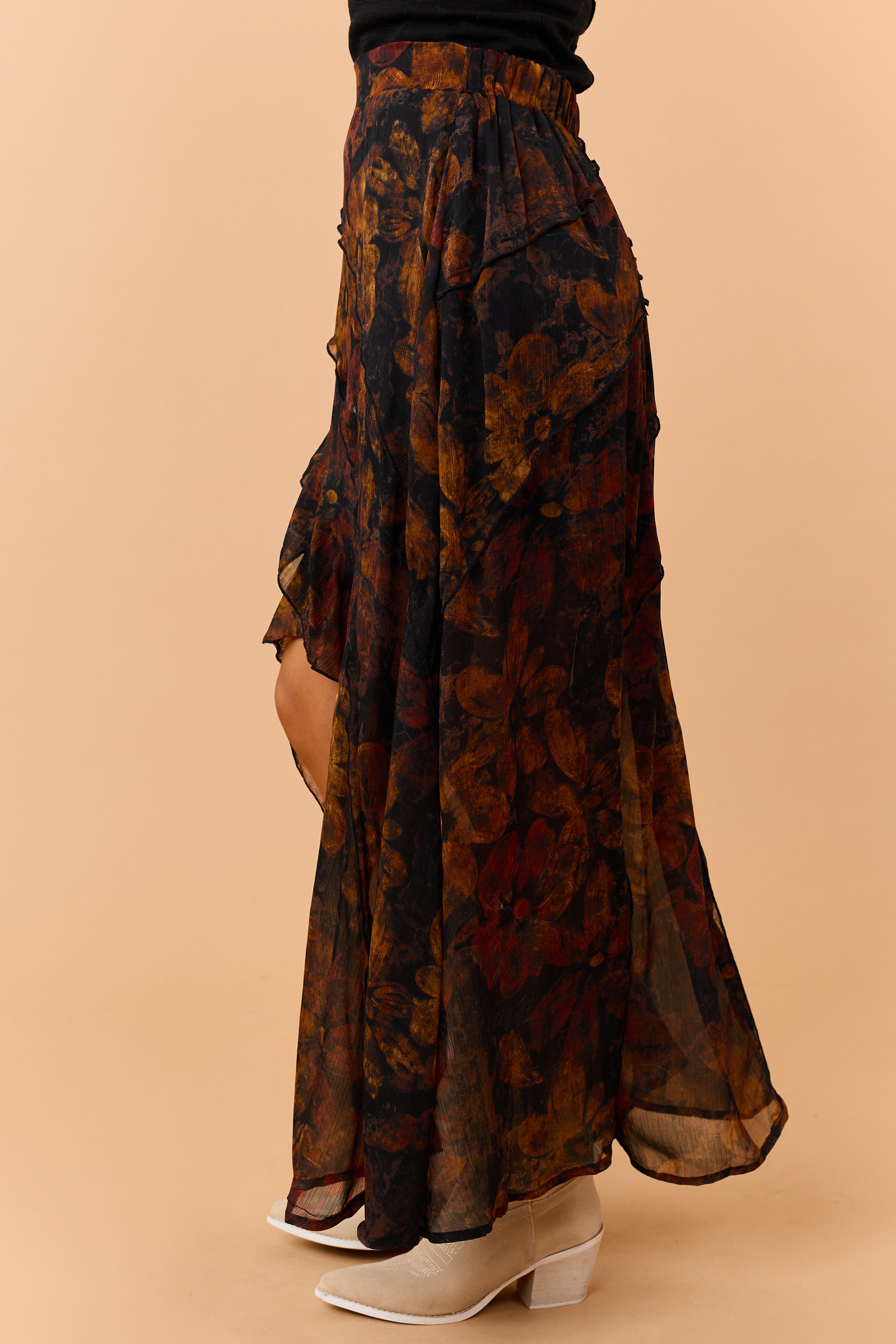 Black Floral Tiered Ruffle Front Slit Maxi Skirt