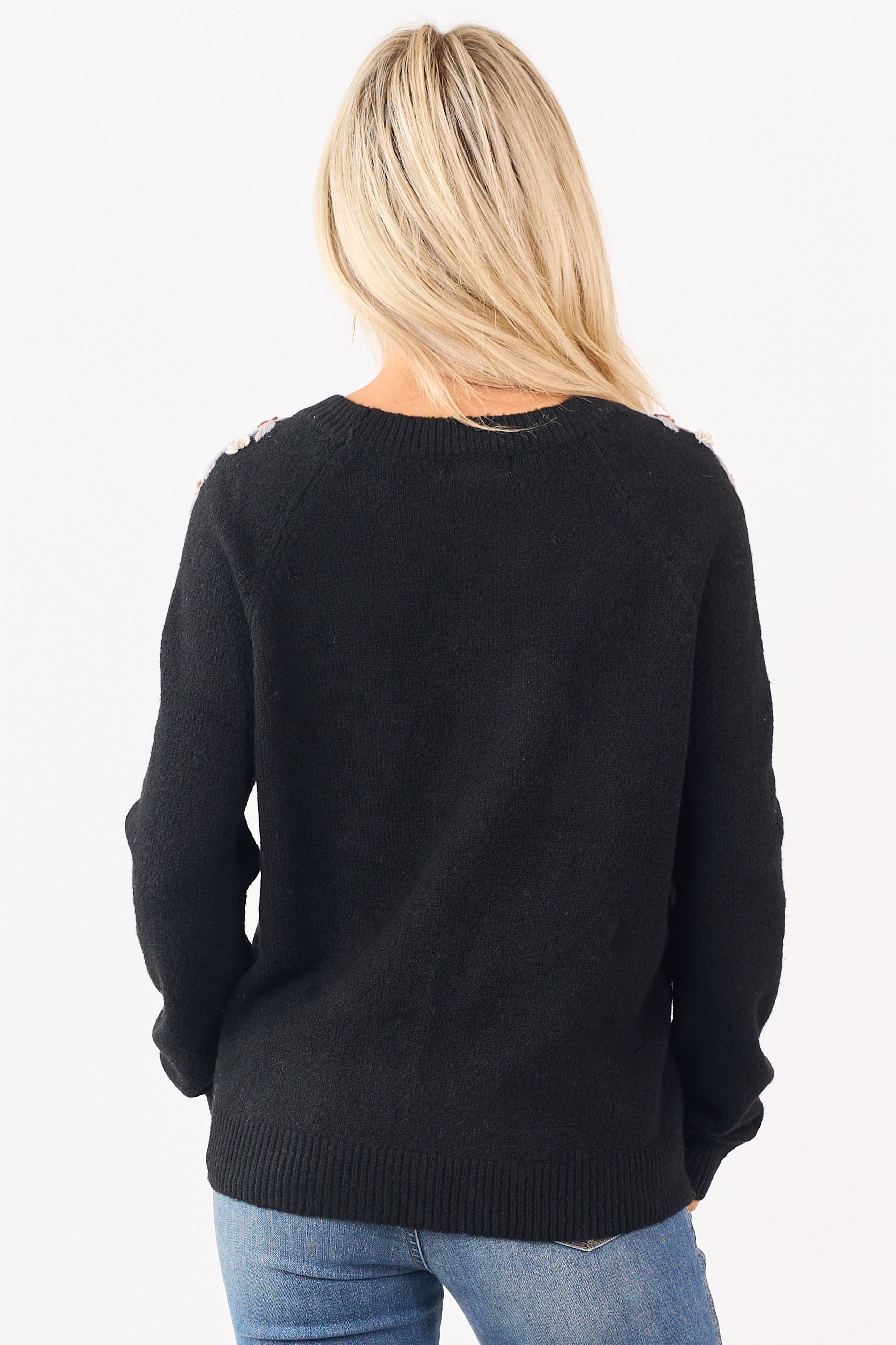 Black Floral Yarn Embroidered Long Sleeve Sweater