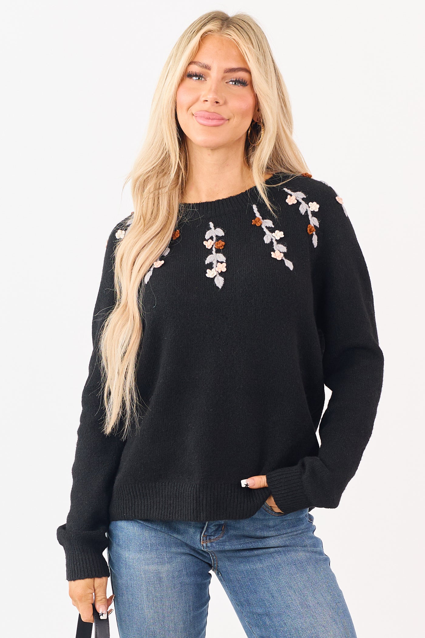 Black Floral Yarn Embroidered Long Sleeve Sweater