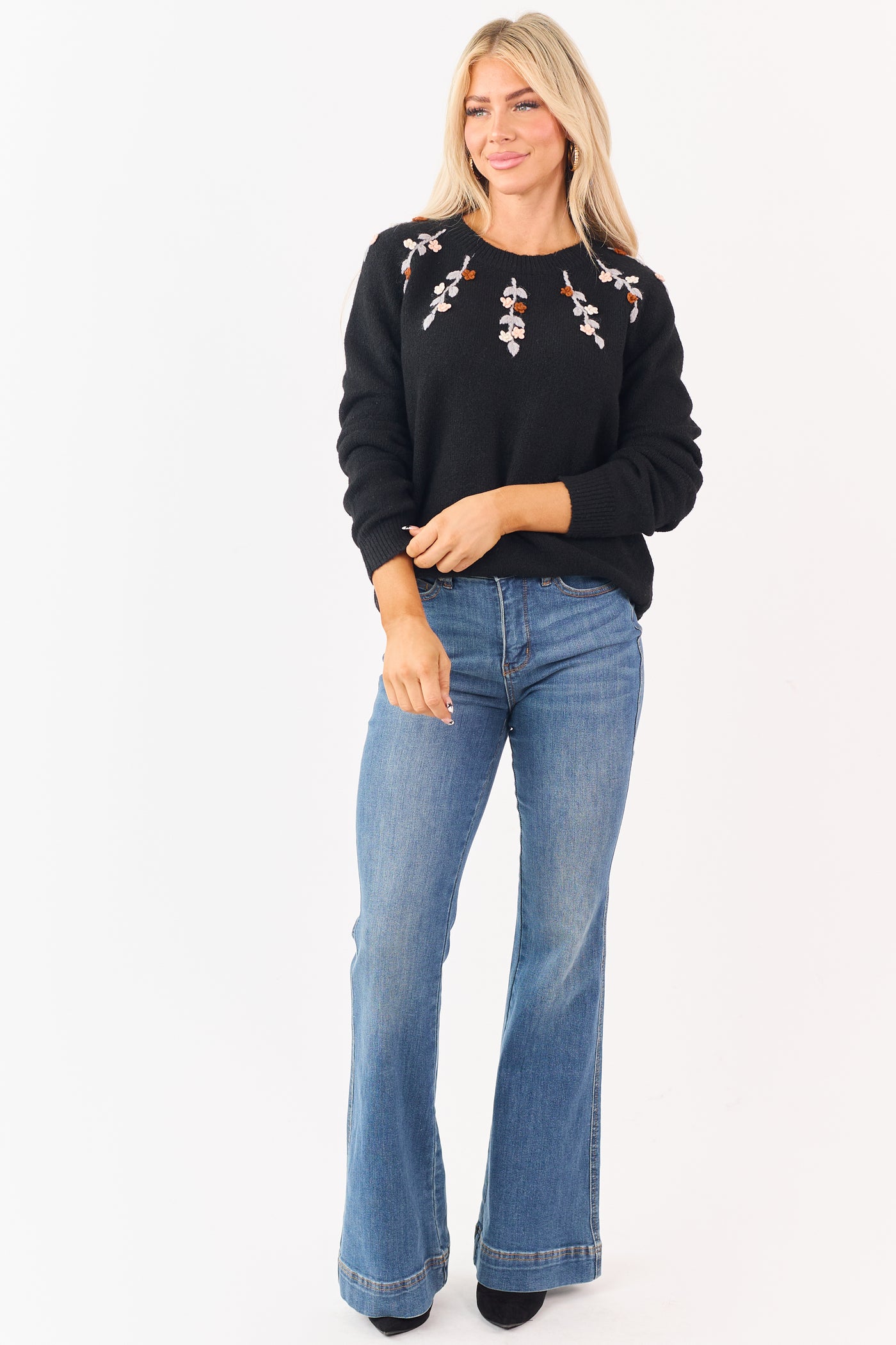 Black Floral Yarn Embroidered Long Sleeve Sweater