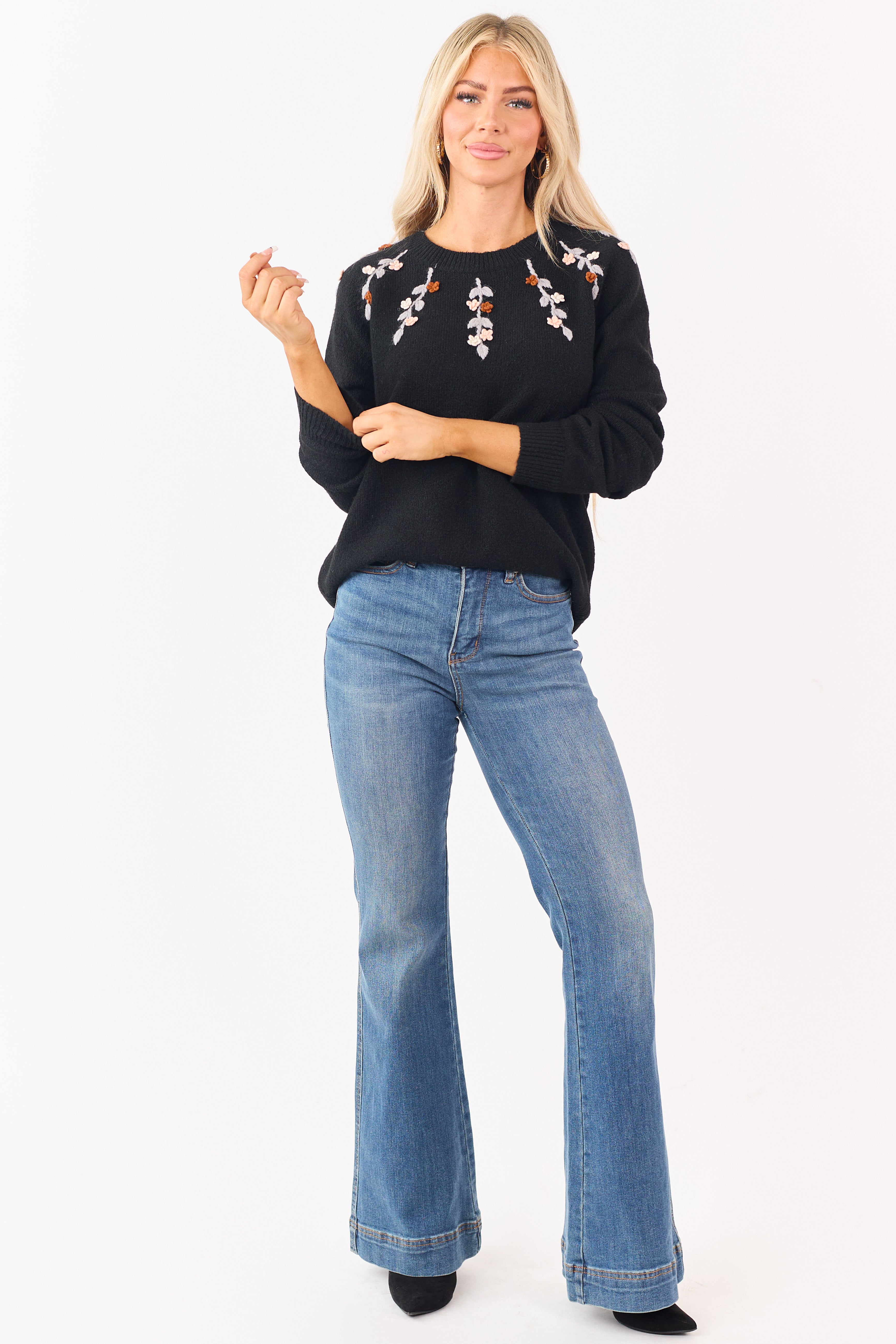 Black Floral Yarn Embroidered Long Sleeve Sweater