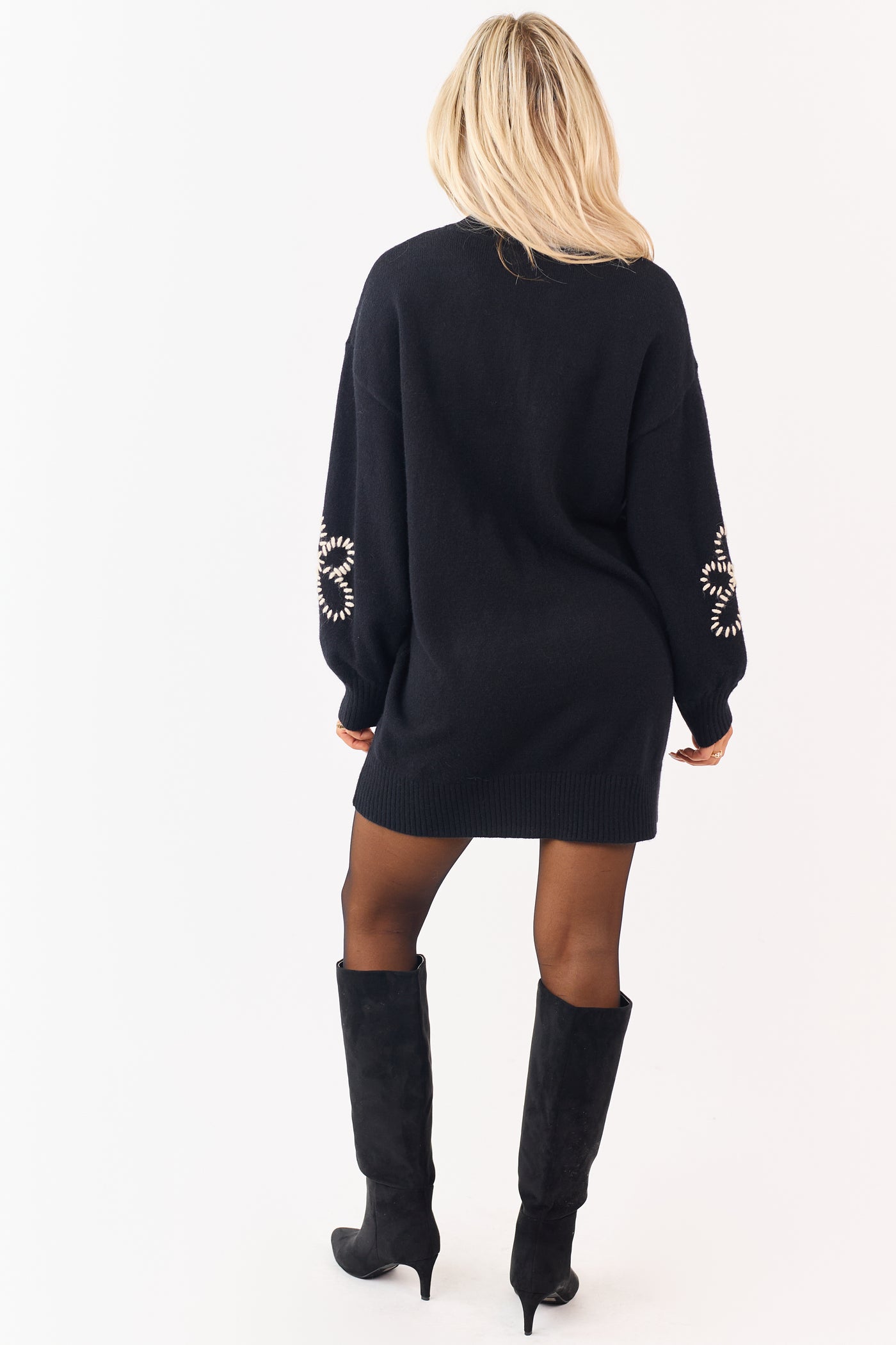 Black Floral Yarn Embroidered Mini Sweater Dress