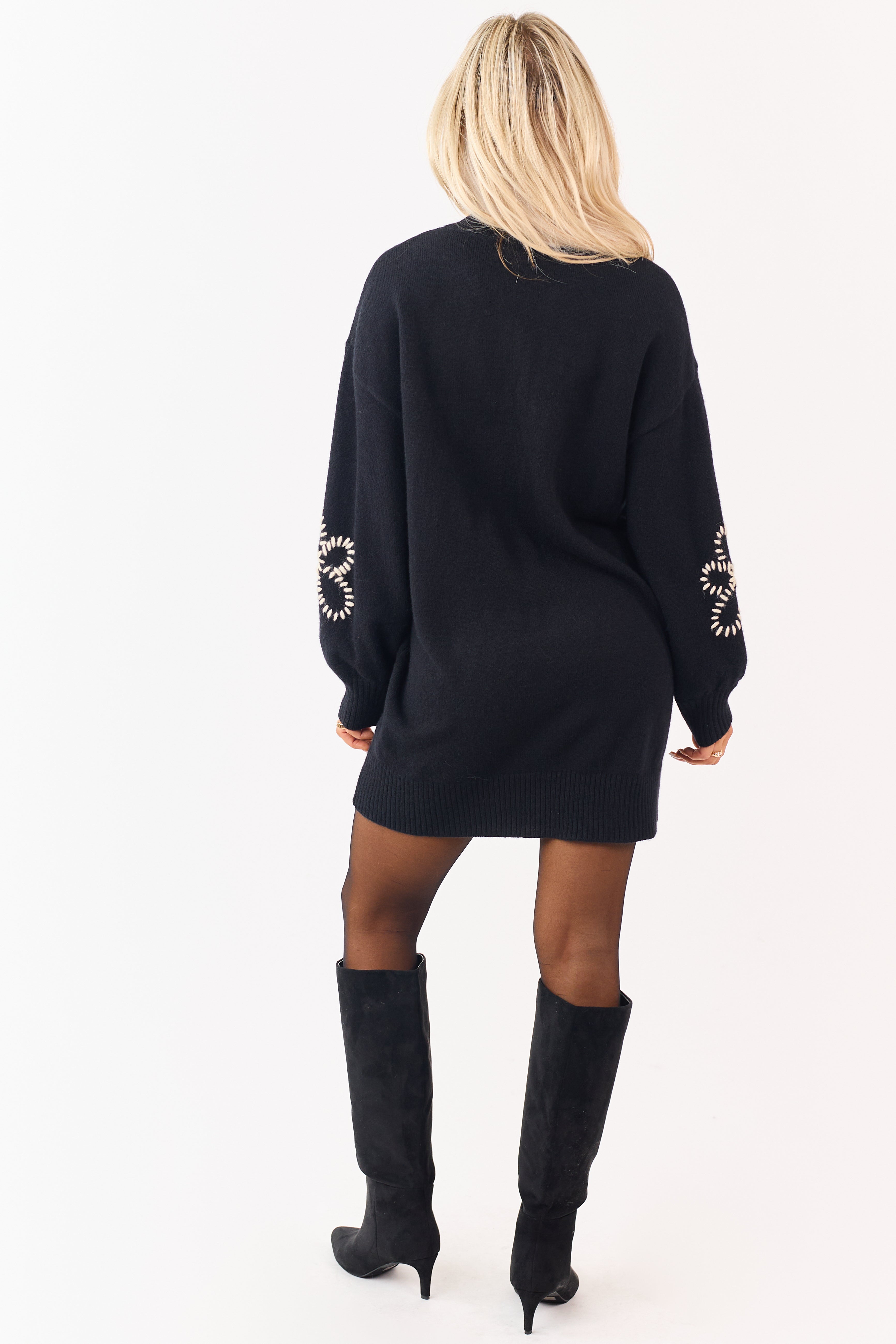 Black Floral Yarn Embroidered Mini Sweater Dress