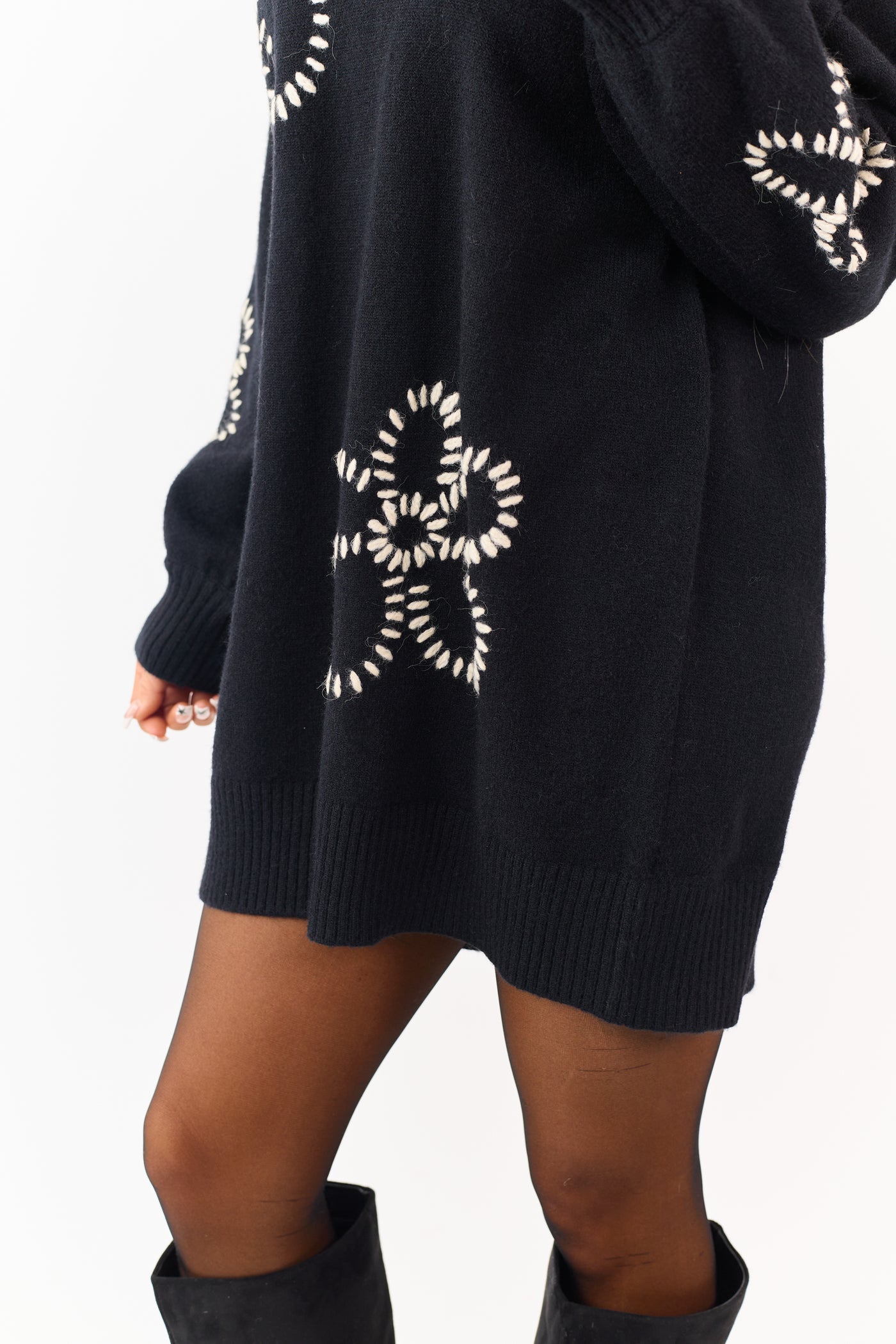 Black Floral Yarn Embroidered Mini Sweater Dress Black Floral Yarn Embroidered Mini Sweater Dress