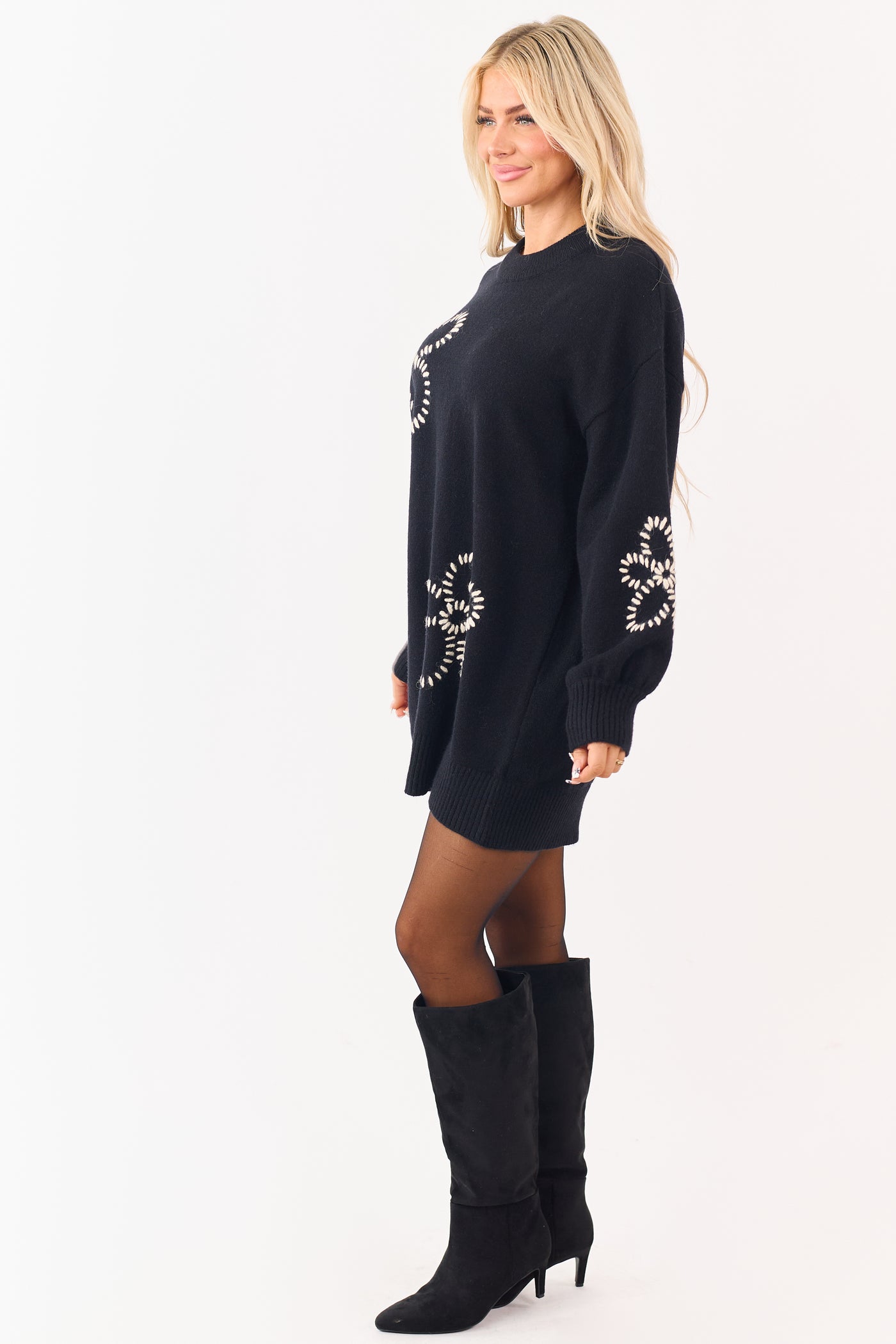 Black Floral Yarn Embroidered Mini Sweater Dress