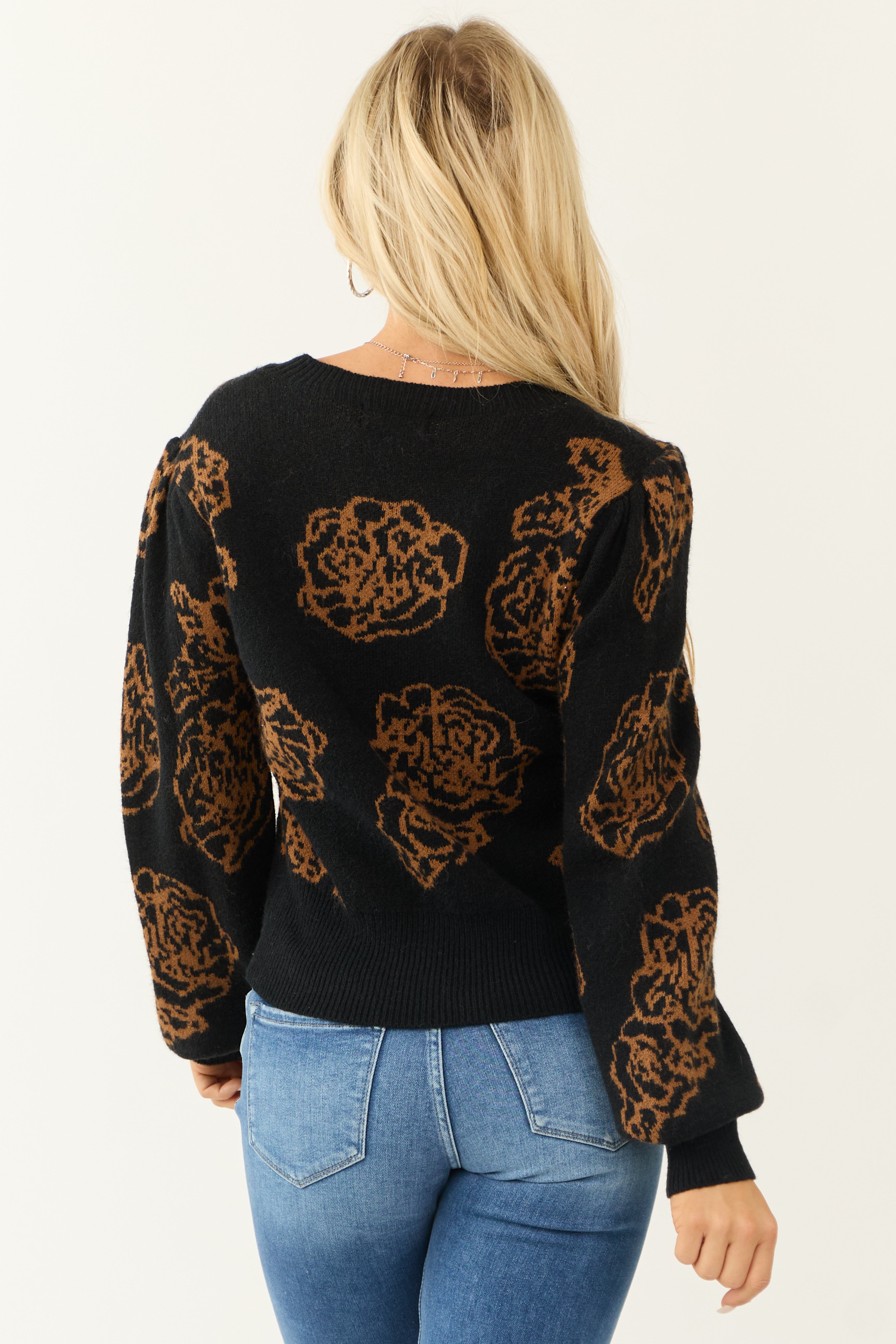 Black Flower Pattern Knit Long Sleeve Sweater
