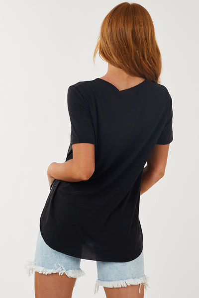 Black Flowy Knit Top with Single Chest Pocket