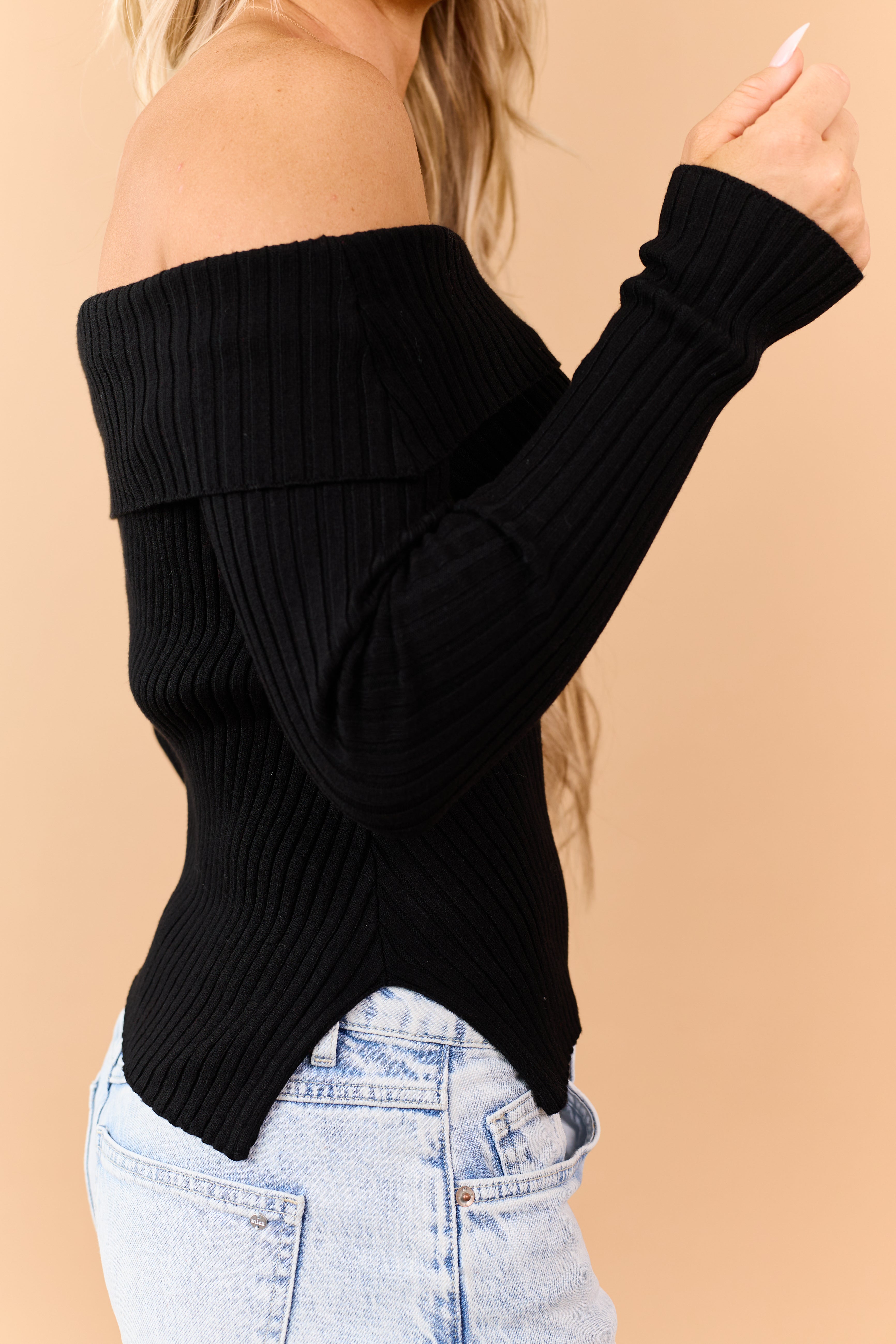 Black Fold Over Off Shoulder Crop Sweater