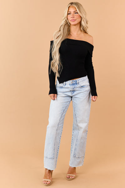 Black Fold Over Off Shoulder Crop Sweater