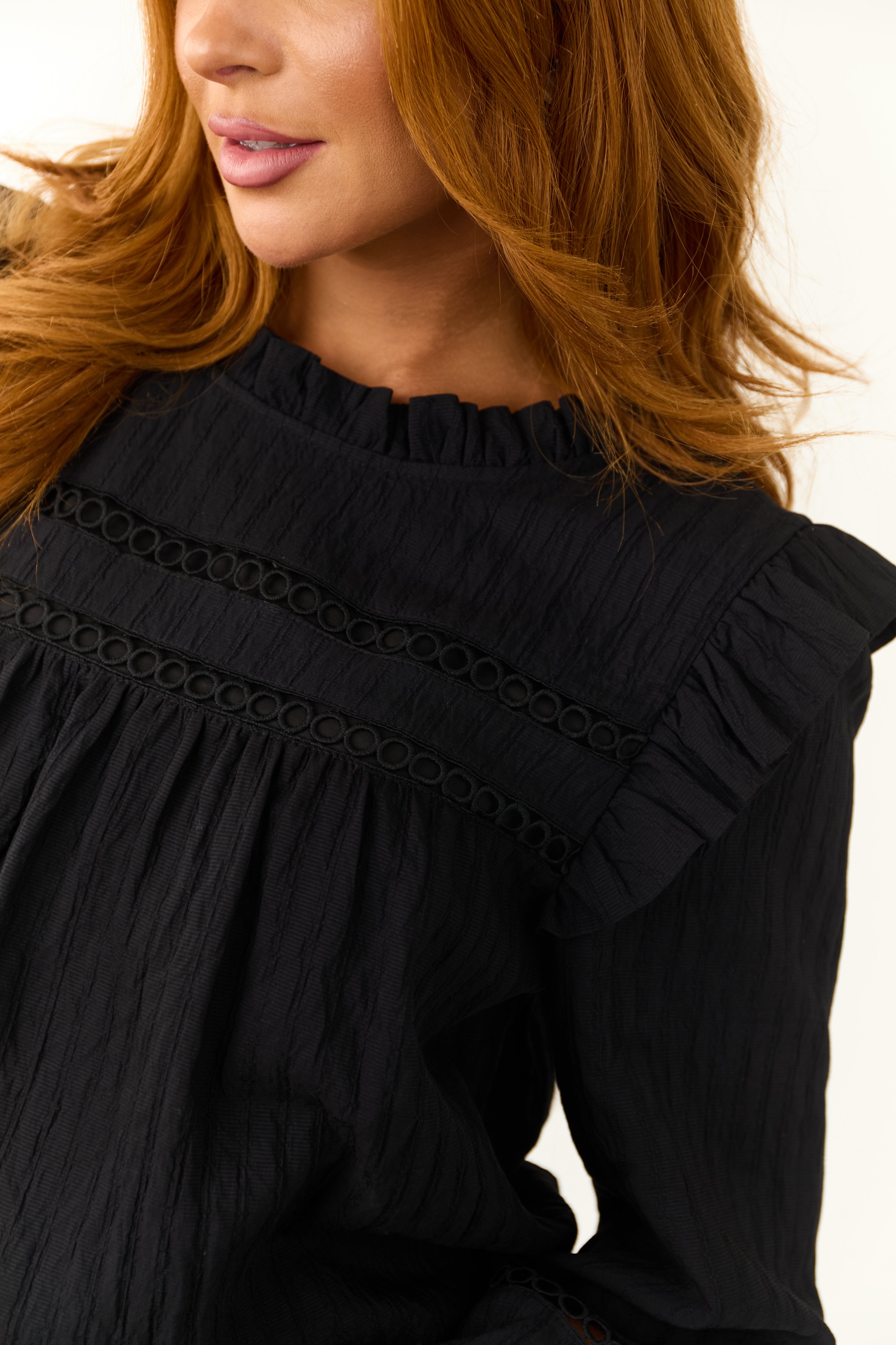 Black Frill Neck Long Sleeve Blouse | Lime Lush Boutique