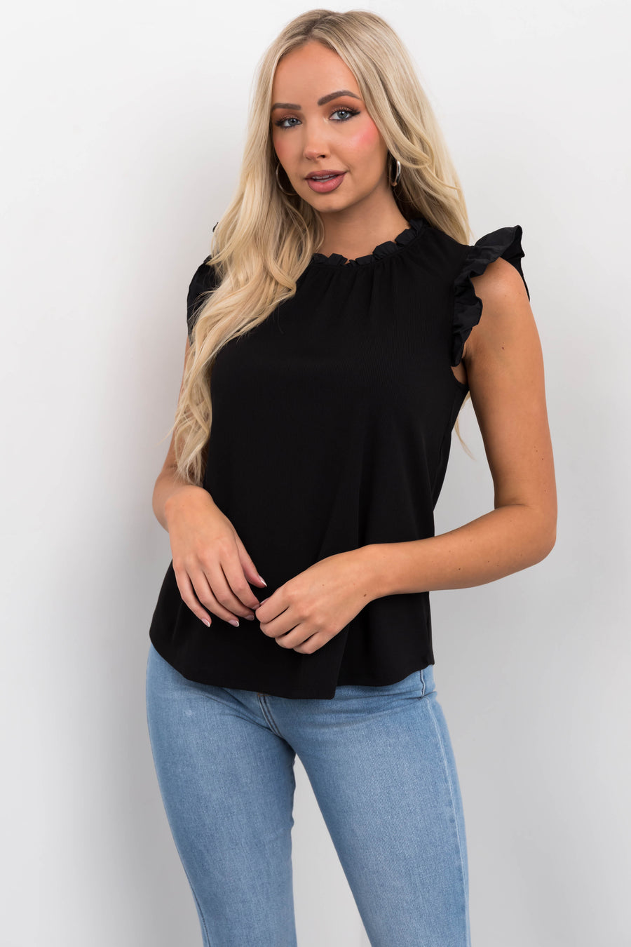 Black Frill Trim Contrast Ribbed Knit Top