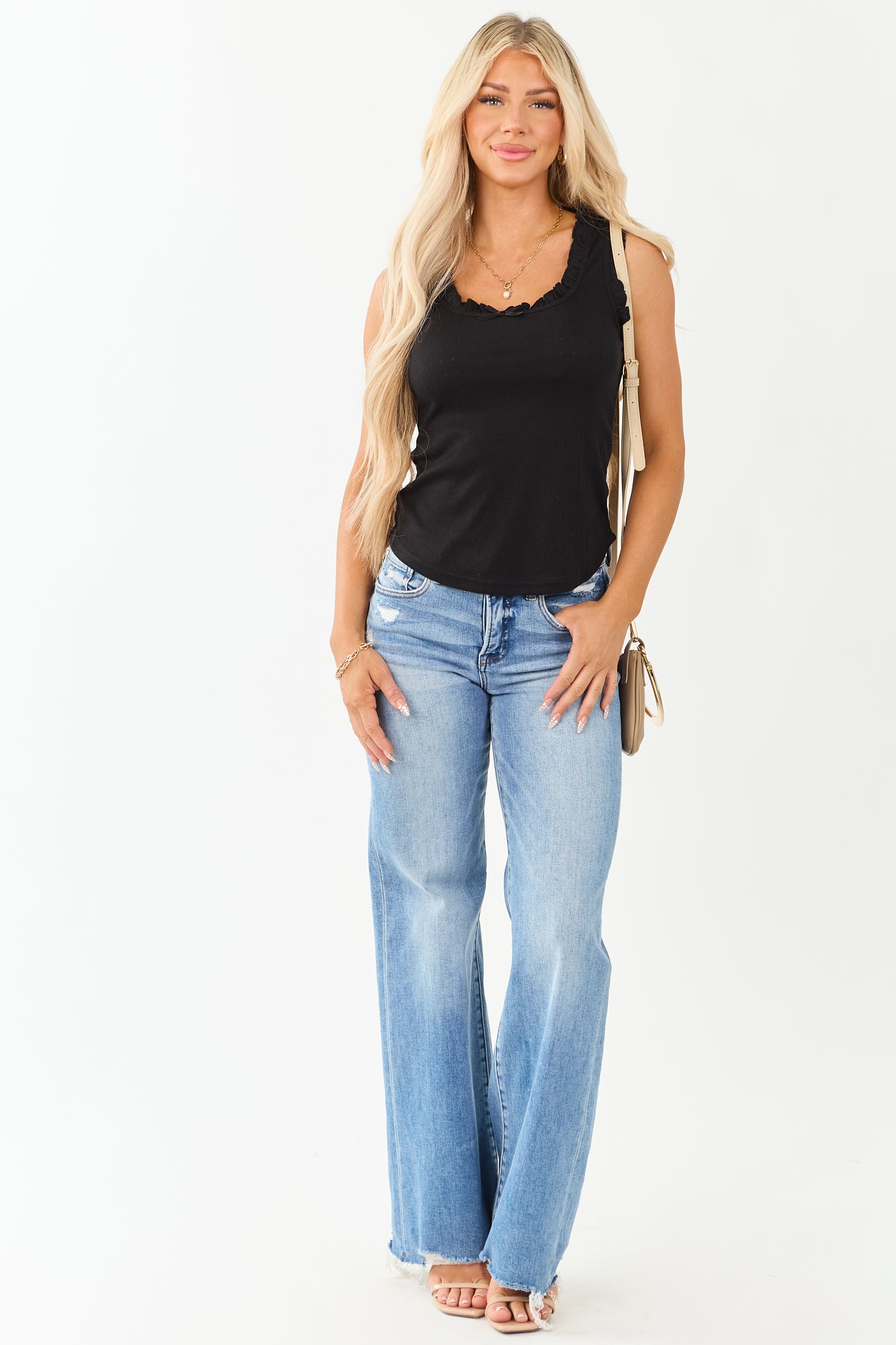 Black Frill Trim Front Bow Knit Tank Top