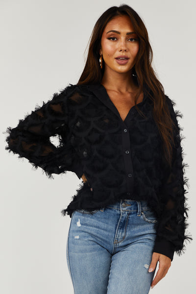 Black Fringe Collared Button Up Blouse