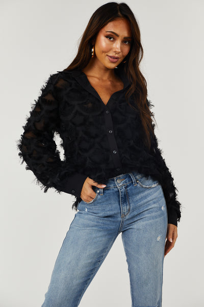 Black Fringe Collared Button Up Blouse