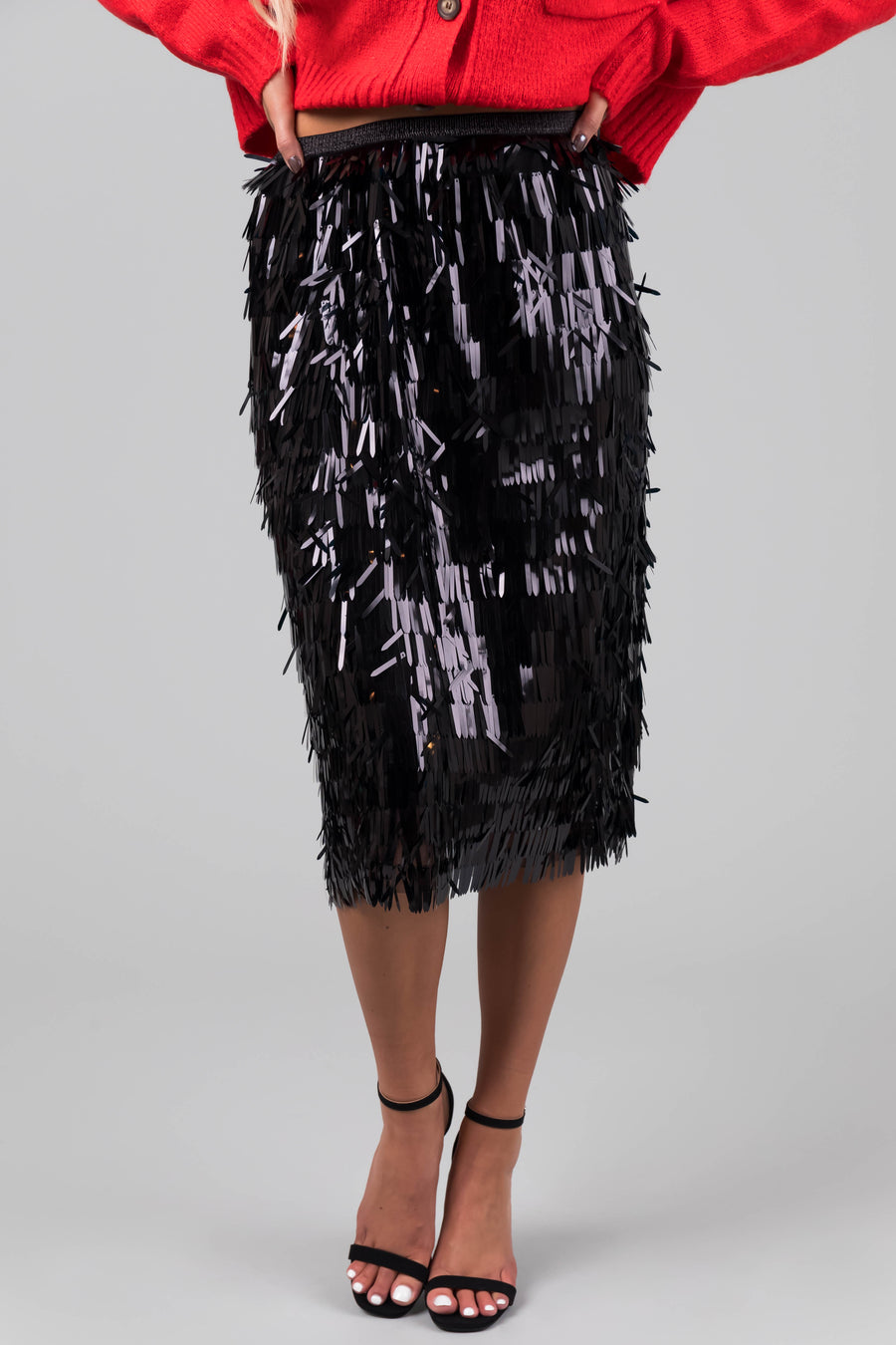 Black Fringe Sequin Elastic Midi Skirt
