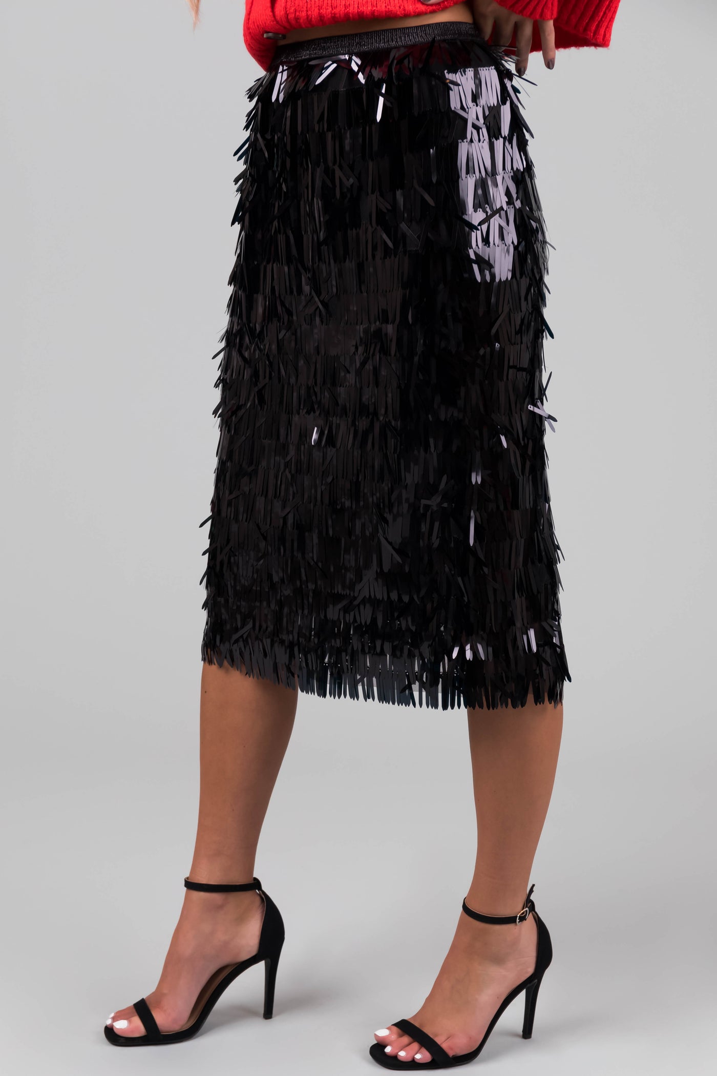 Black Fringe Sequin Elastic Midi Skirt