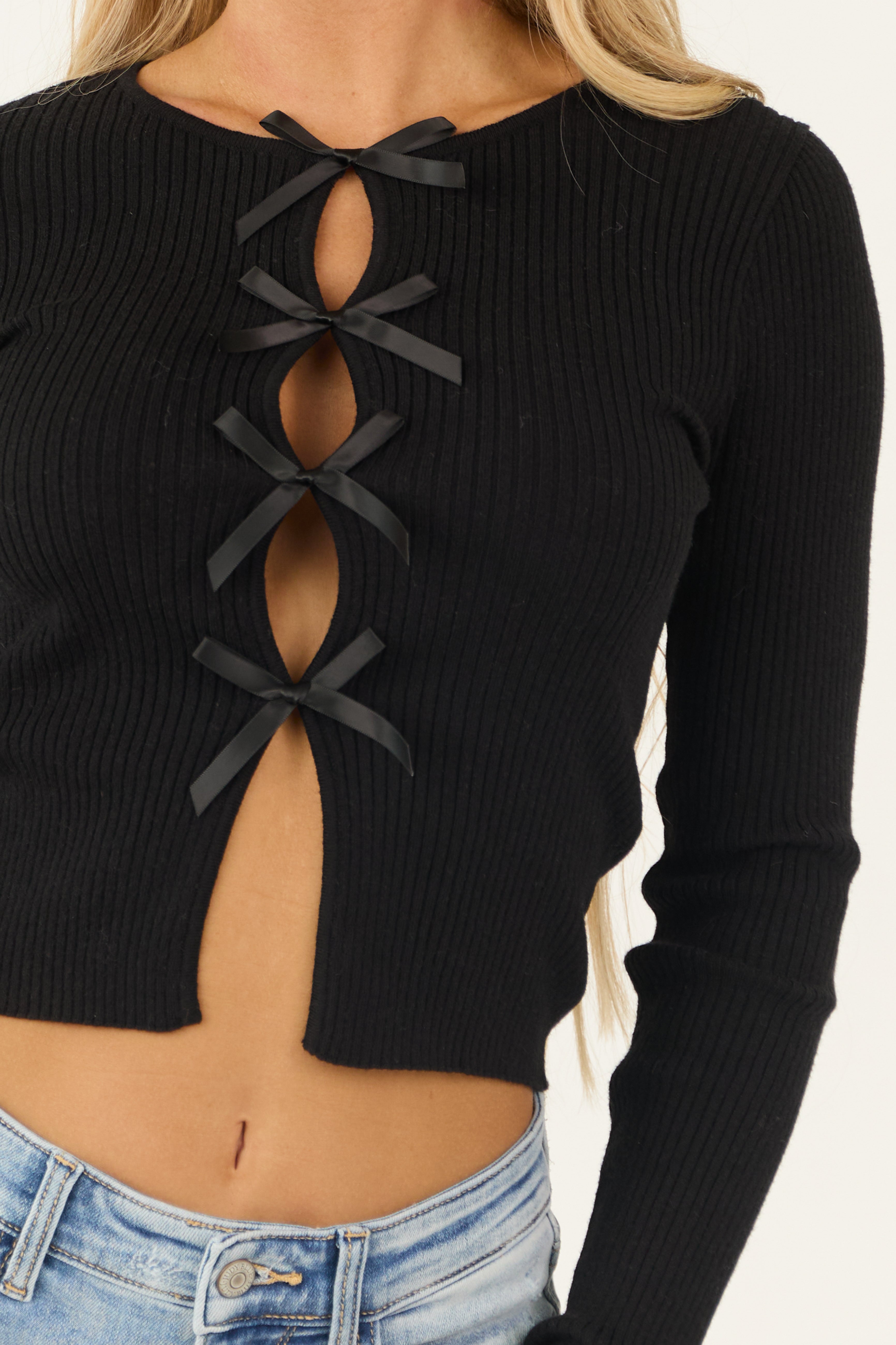 Black Front Bow Details Long Sleeve Top | Lime Lush Boutique
