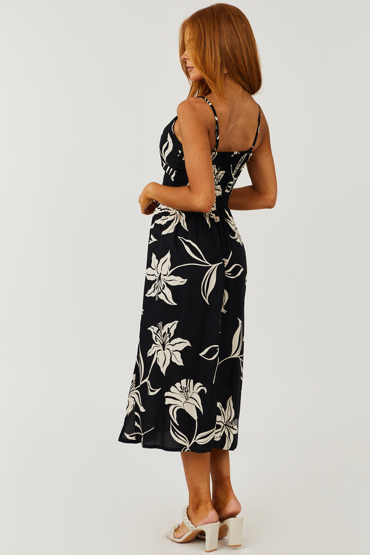 Black Twist Front Cut Out Floral Print Midi Dress