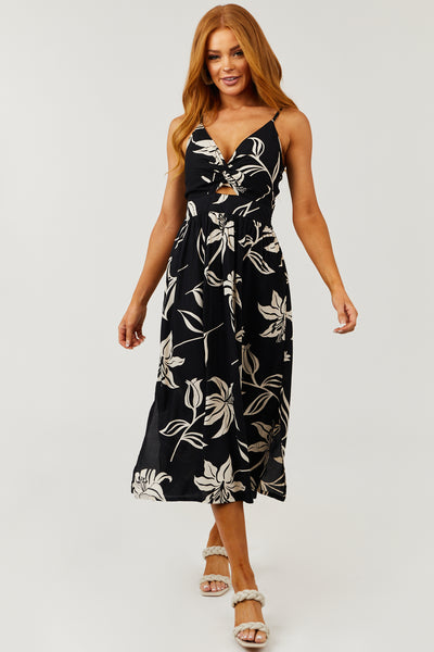Black Twist Front Cut Out Floral Print Midi Dress