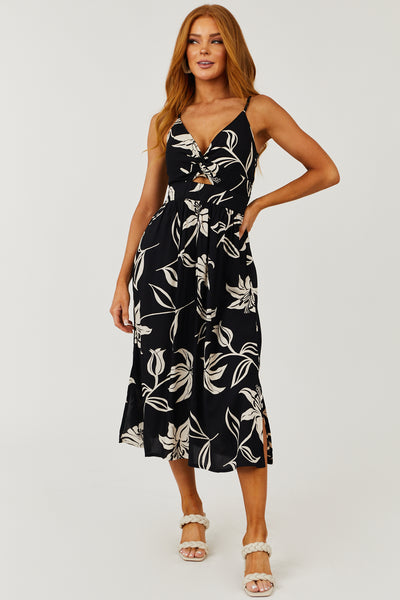 Black Twist Front Cut Out Floral Print Midi Dress
