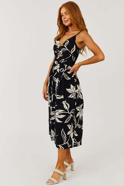 Black Twist Front Cut Out Floral Print Midi Dress