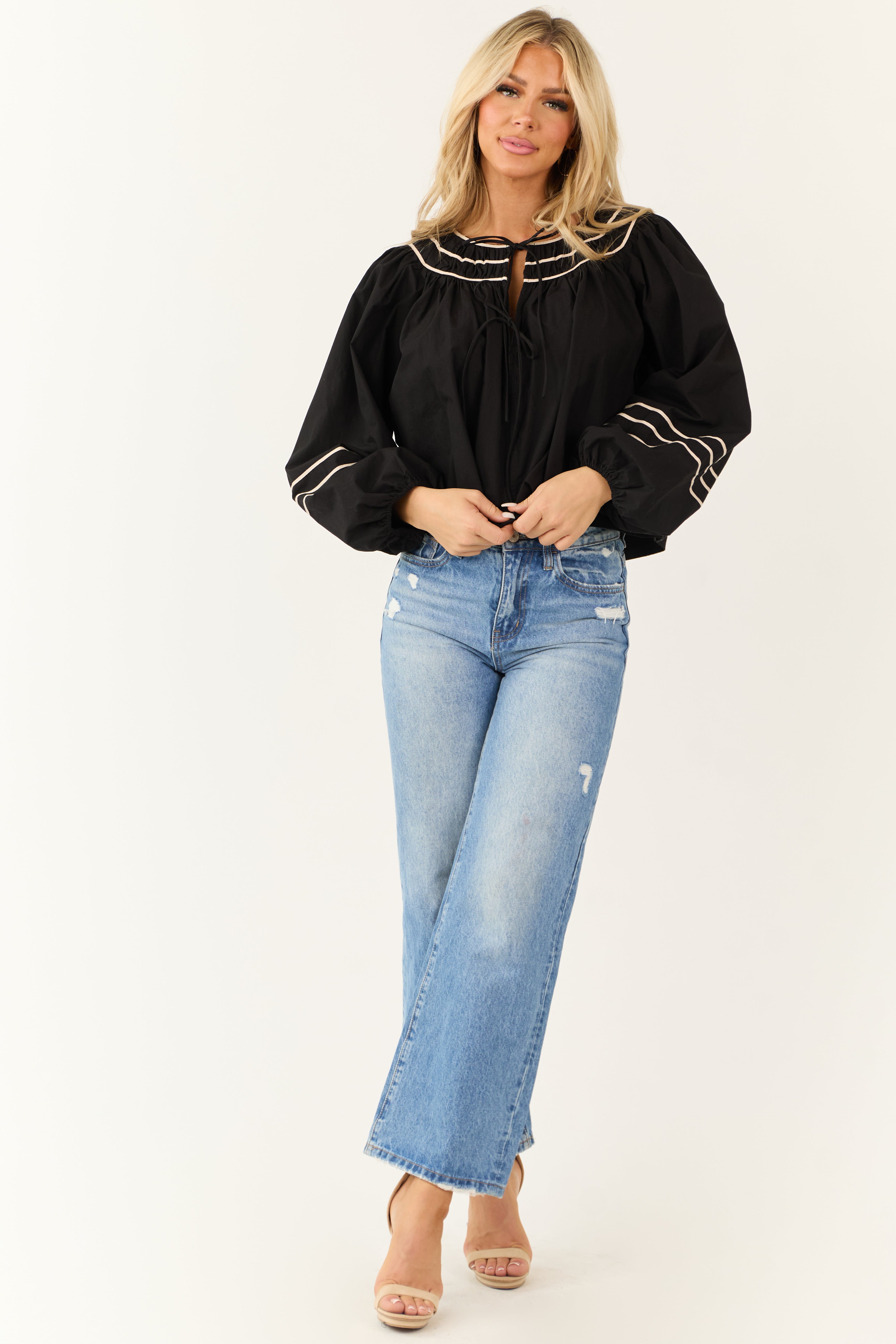 Black Front Double Tie Puff Long Sleeve Top | Lime Lush Boutique