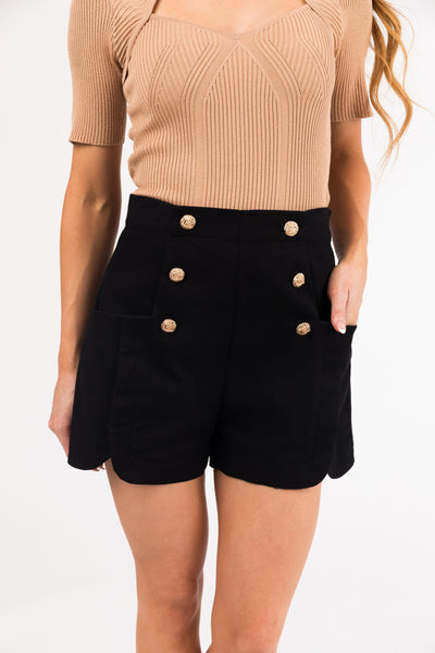 Black Front Pocket Shorts with Gold Buttons