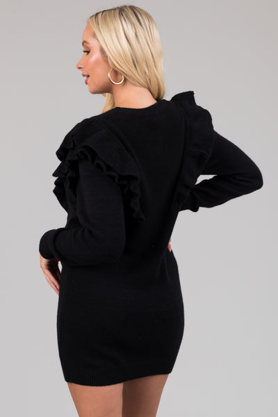 Black Front Ruffle Detail Sweater Mini Dress