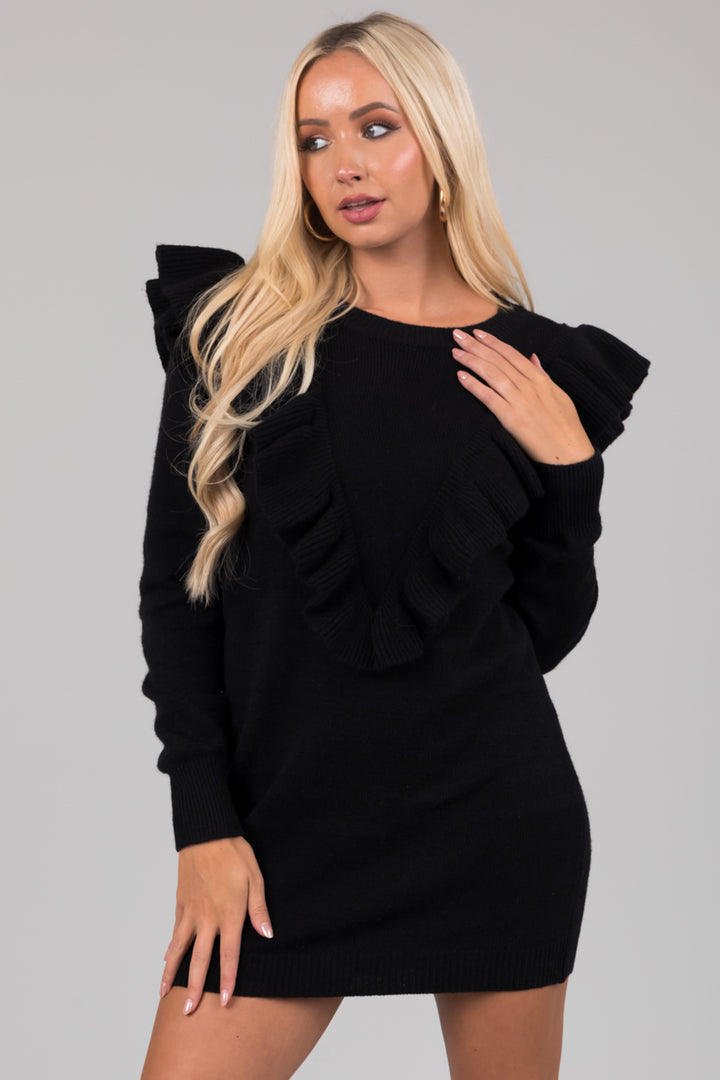 Black Front Ruffle Detail Sweater Mini Dress