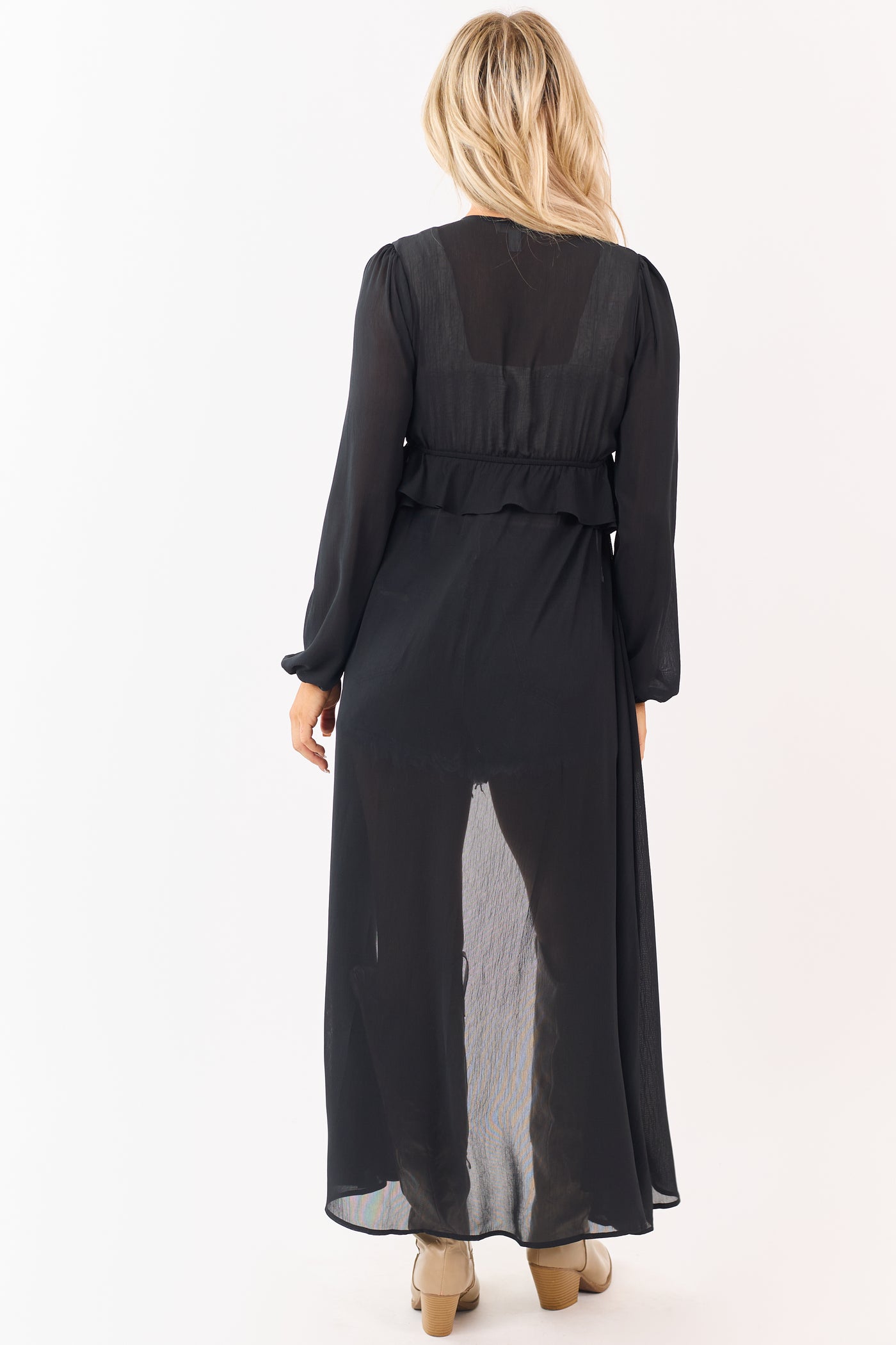 Black Front Tie Side Cut Out Sheer Duster Cardigan Black Front Tie Side Cut Out Sheer Duster Cardigan