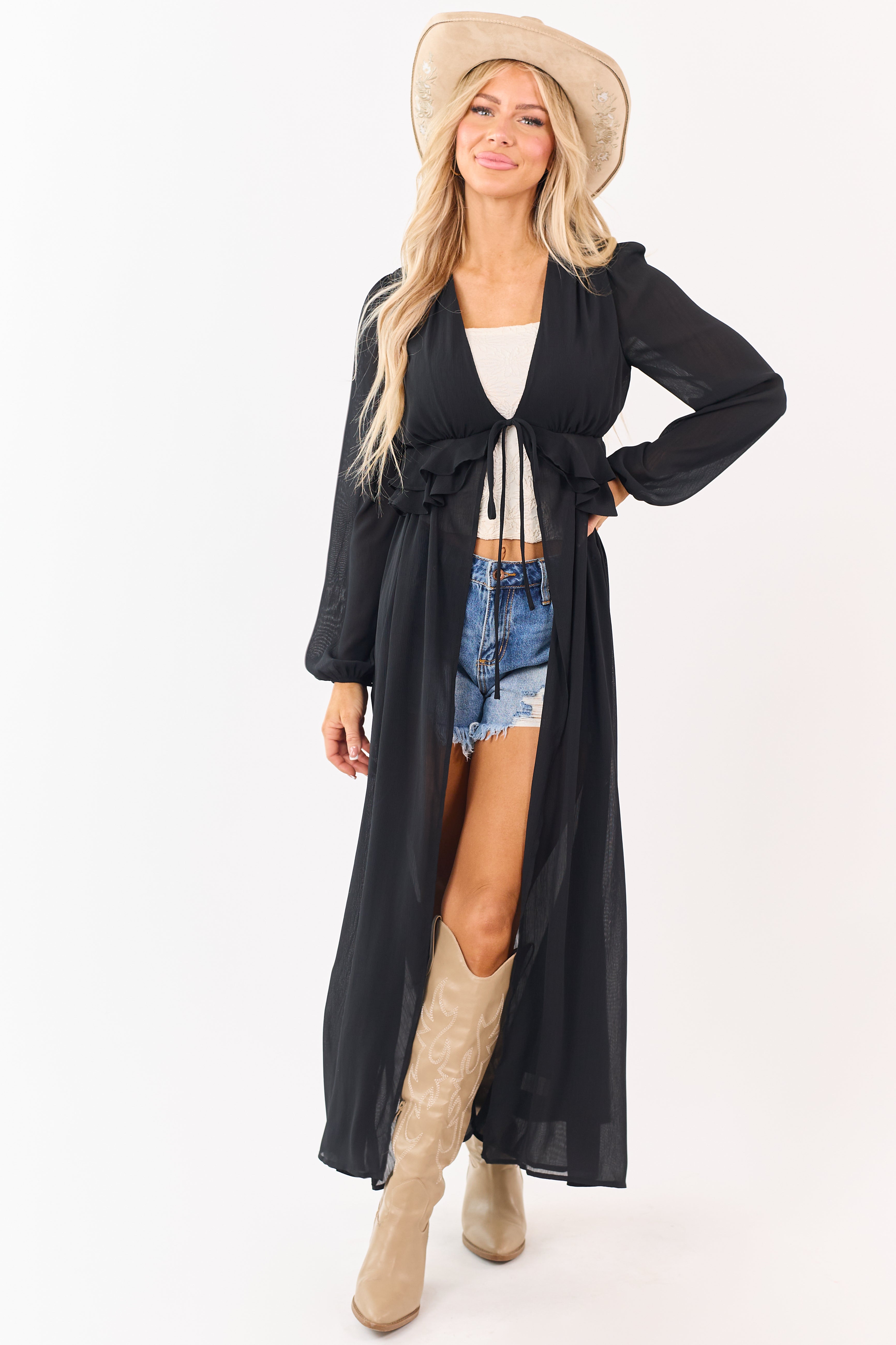 Black Front Tie Side Cut Out Sheer Duster Cardigan