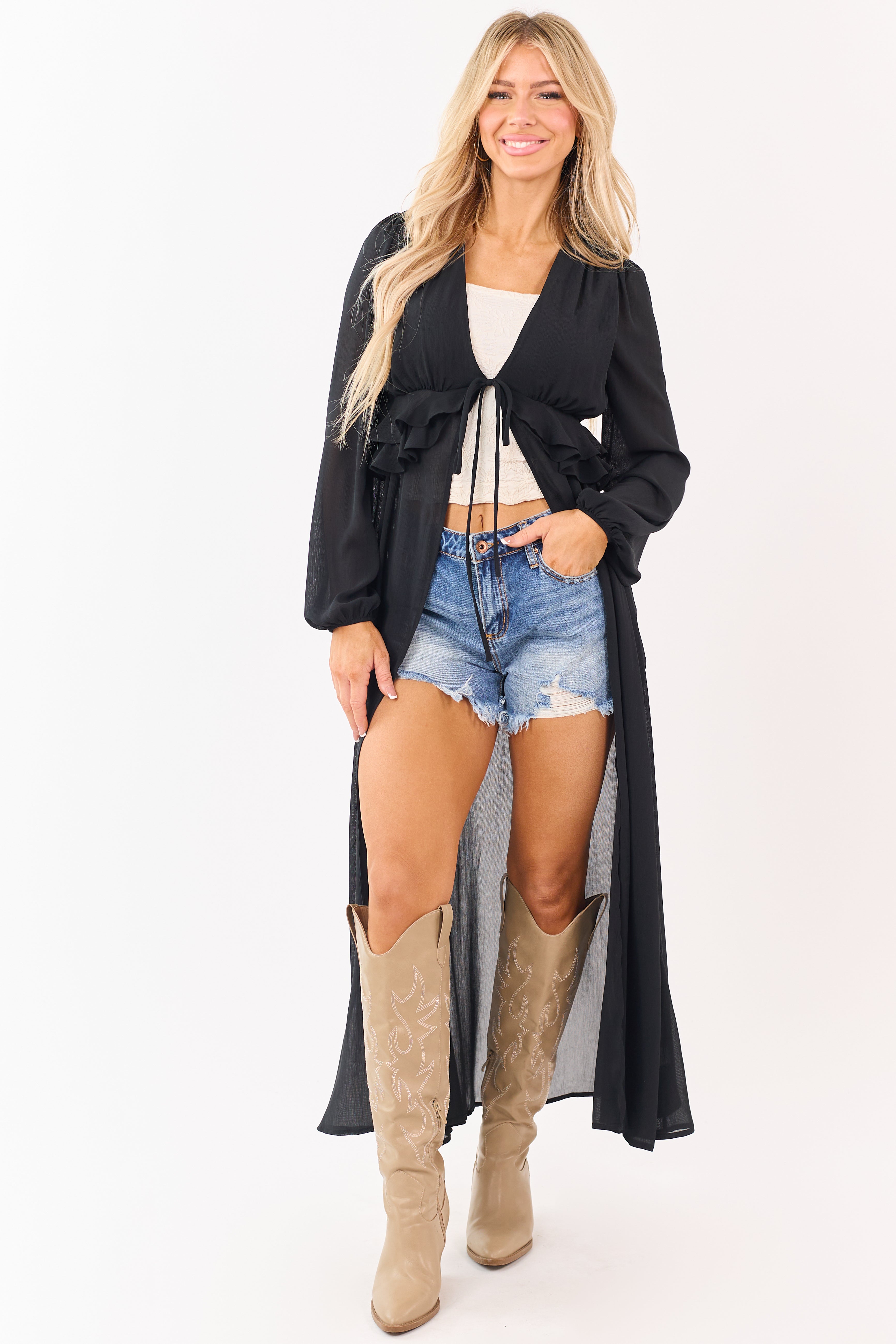 Black Front Tie Side Cut Out Sheer Duster Cardigan | Lime Lush