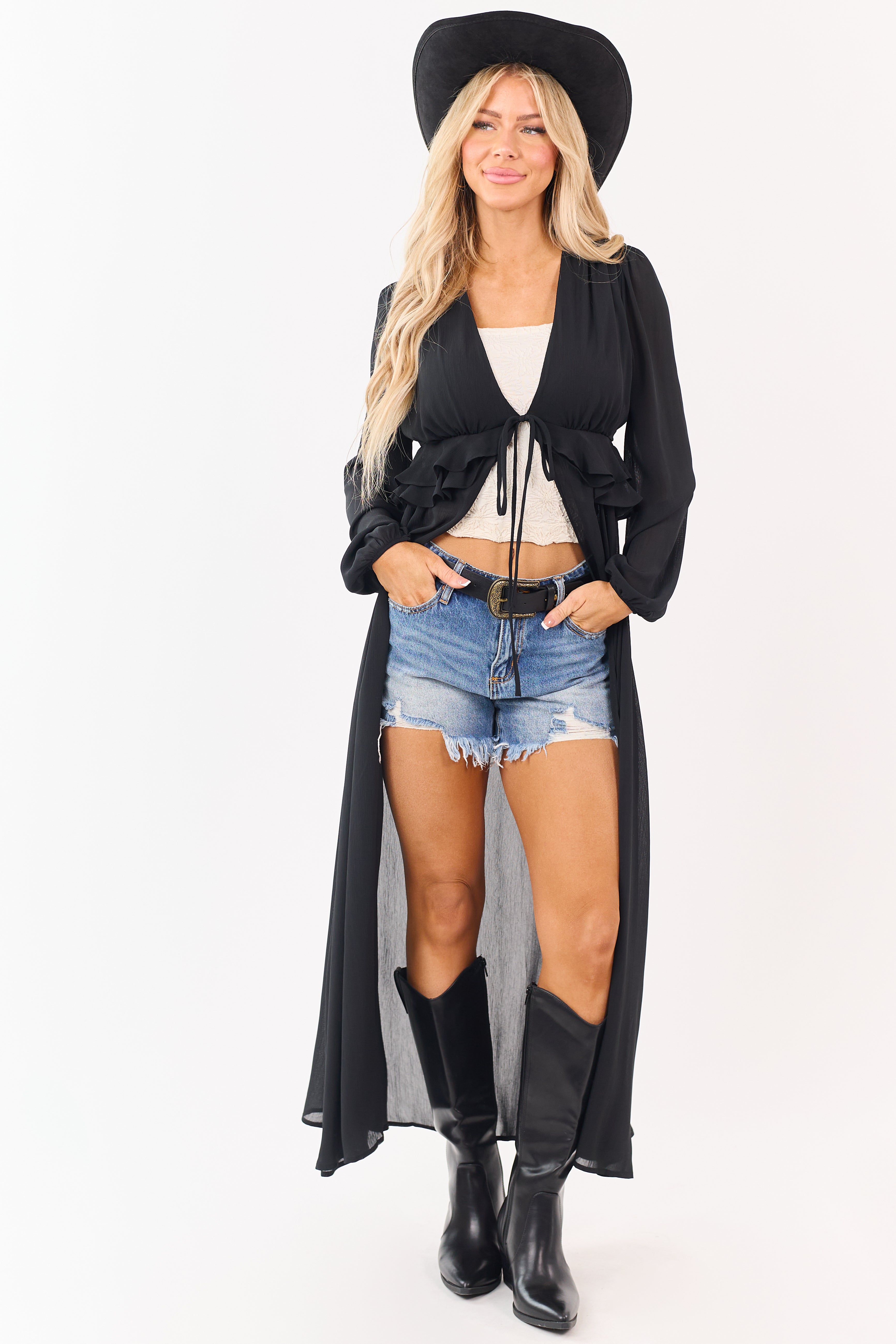 Black Front Tie Side Cut Out Sheer Duster Cardigan