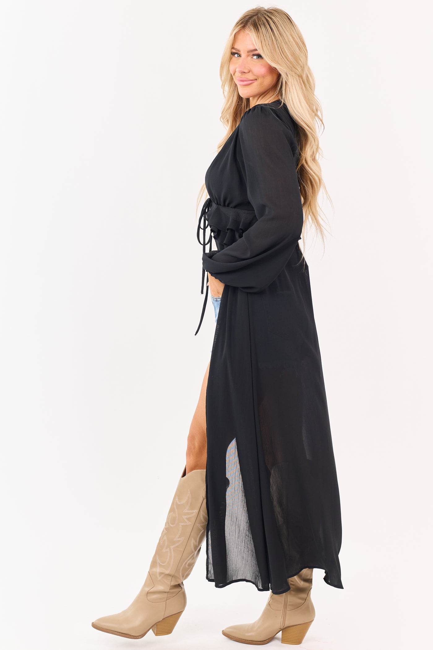 Black Front Tie Side Cut Out Sheer Duster Cardigan