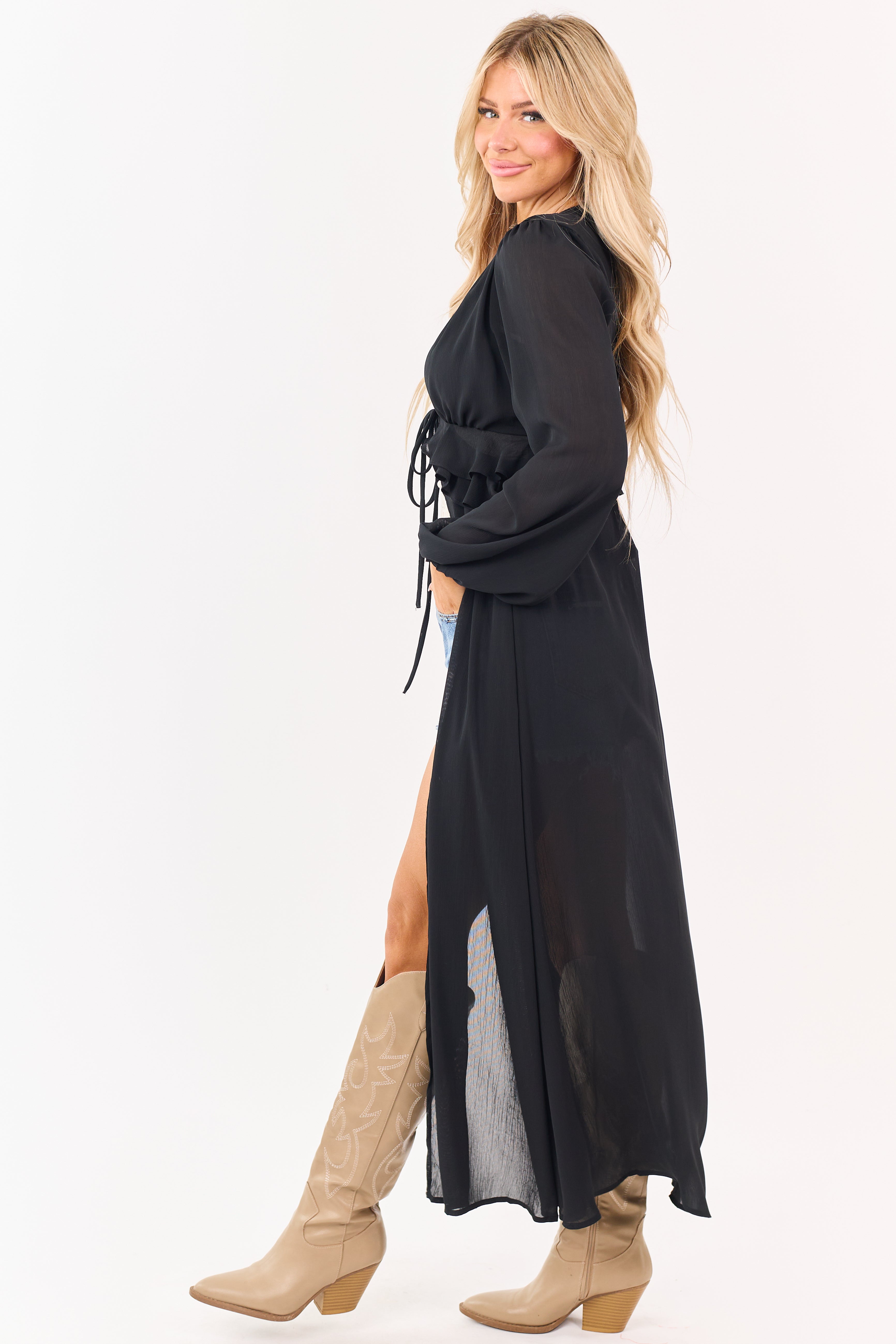 Black Front Tie Side Cut Out Sheer Duster Cardigan