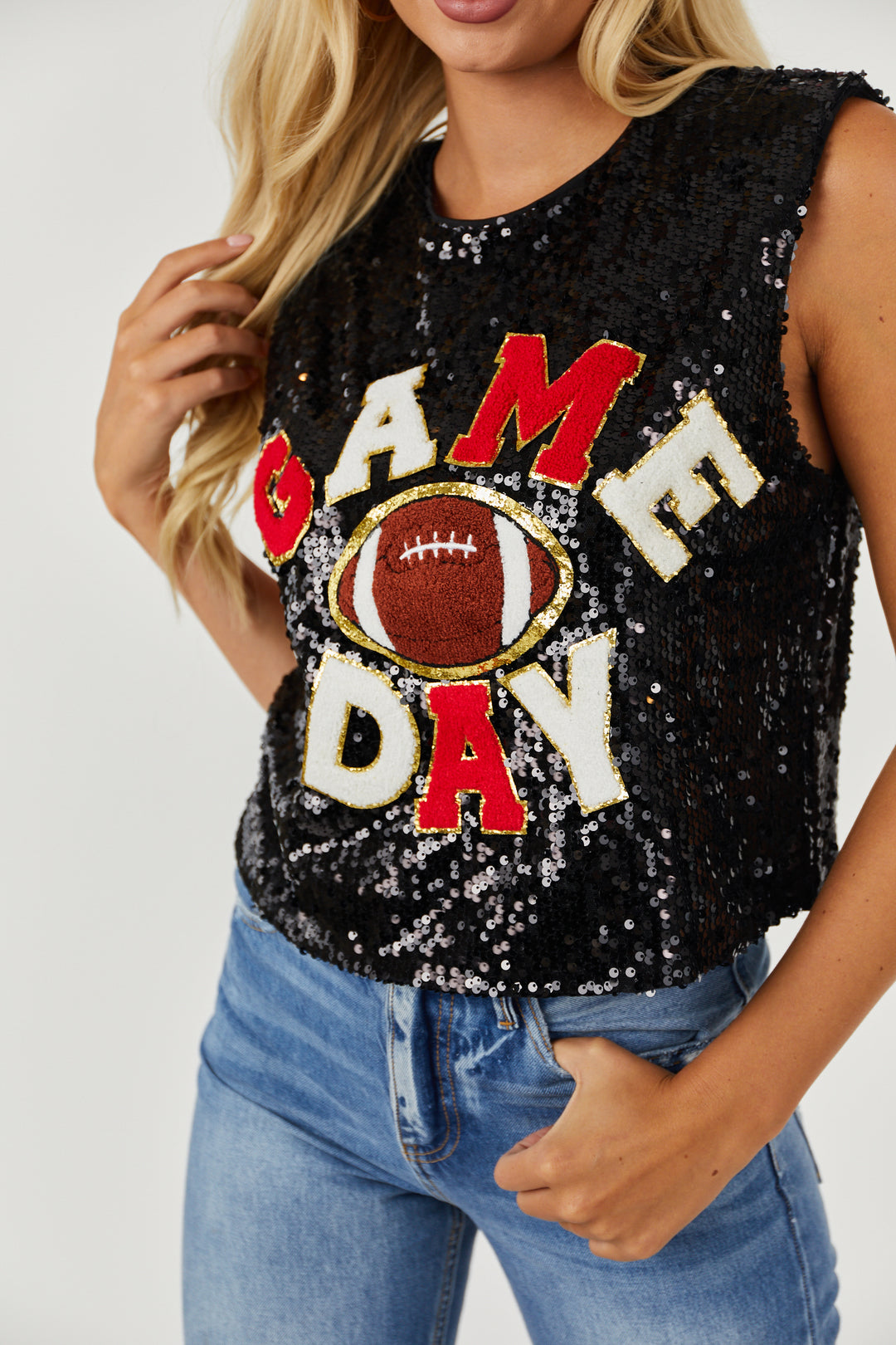 Black 'Game Day' Sequin Sleeveless Top & Lime Lush