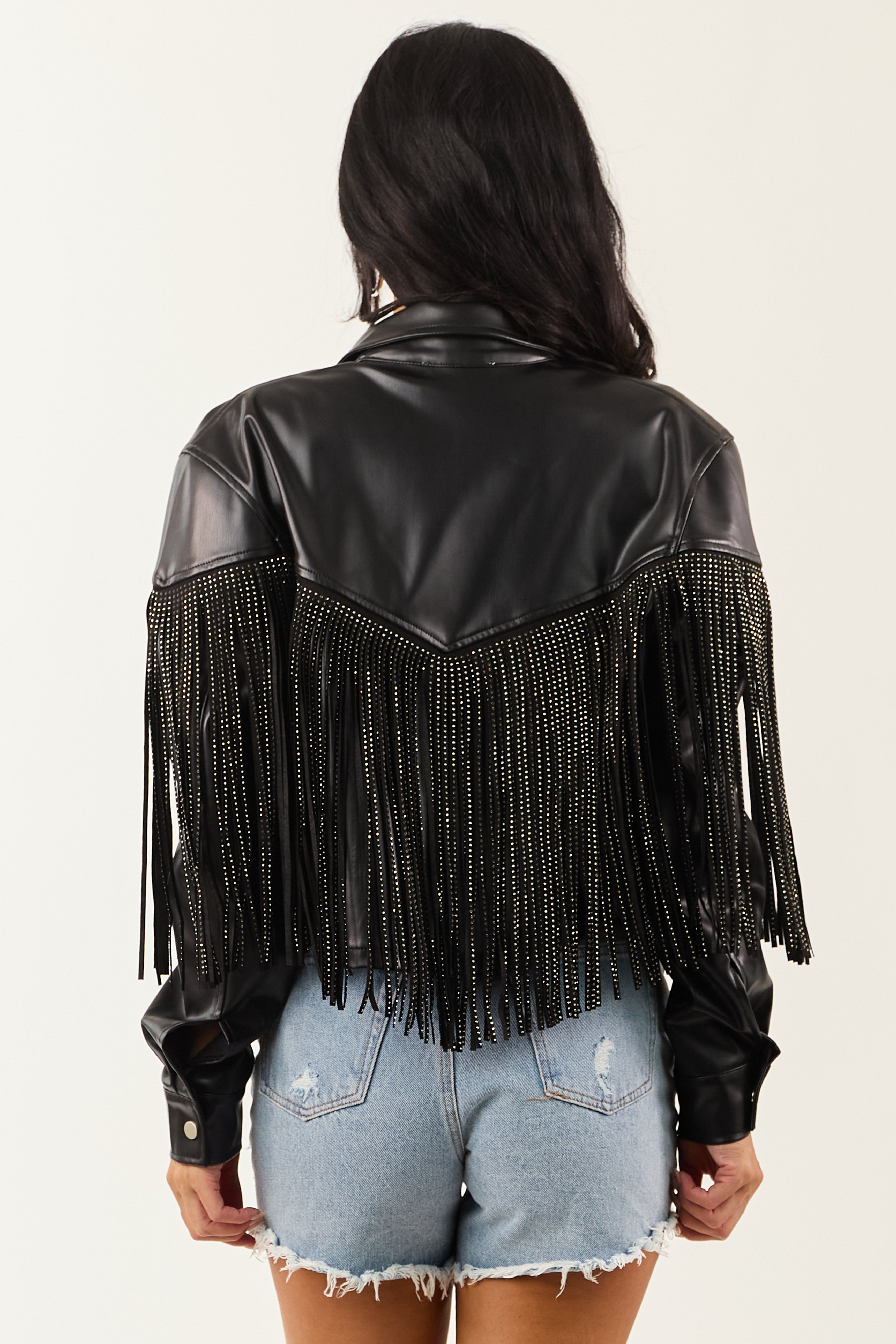 Black Gem Studded Fringe Faux Leather Button Up Jacket