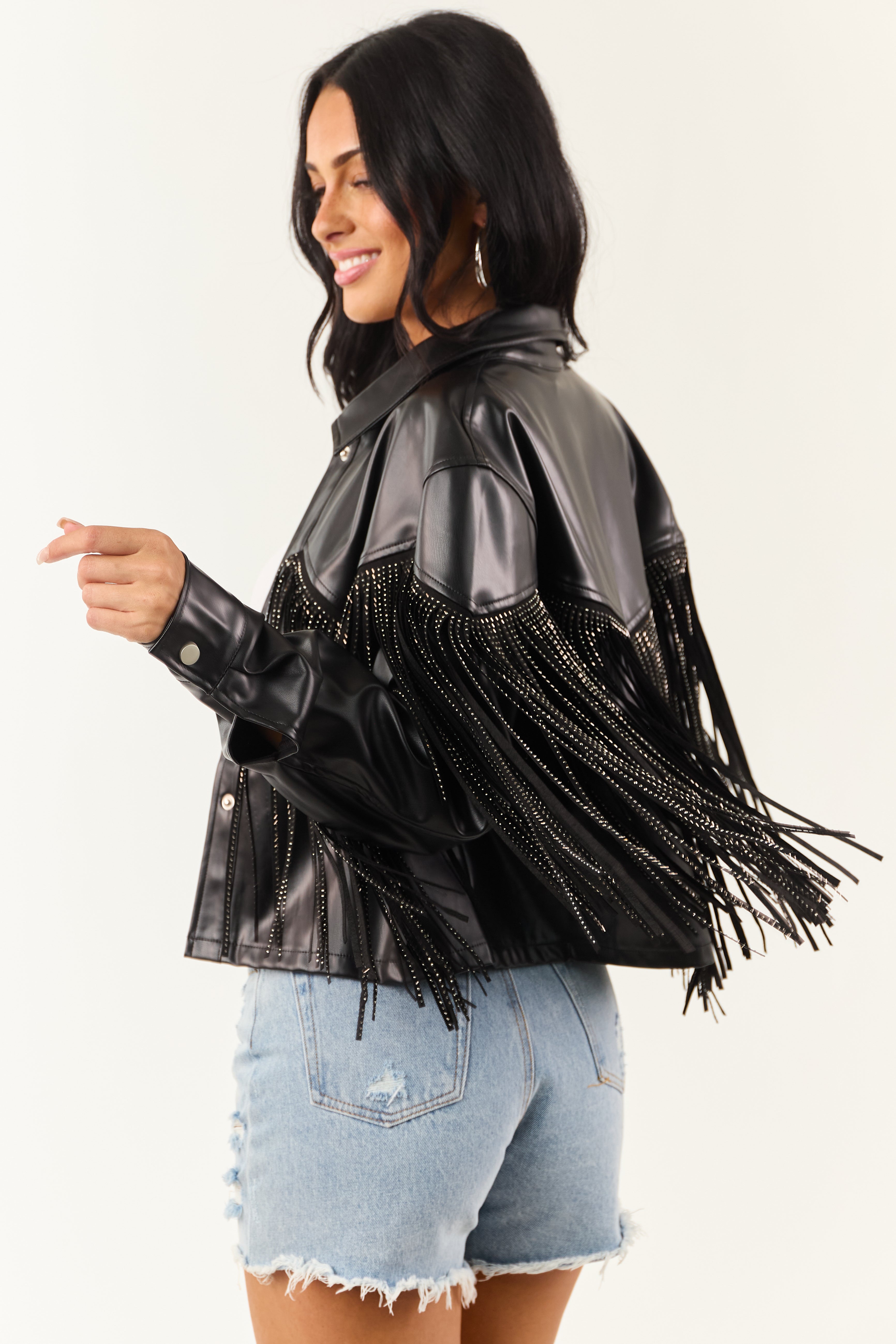 Black Gem Studded Fringe Faux Leather Button Up Jacket | Lime Lush