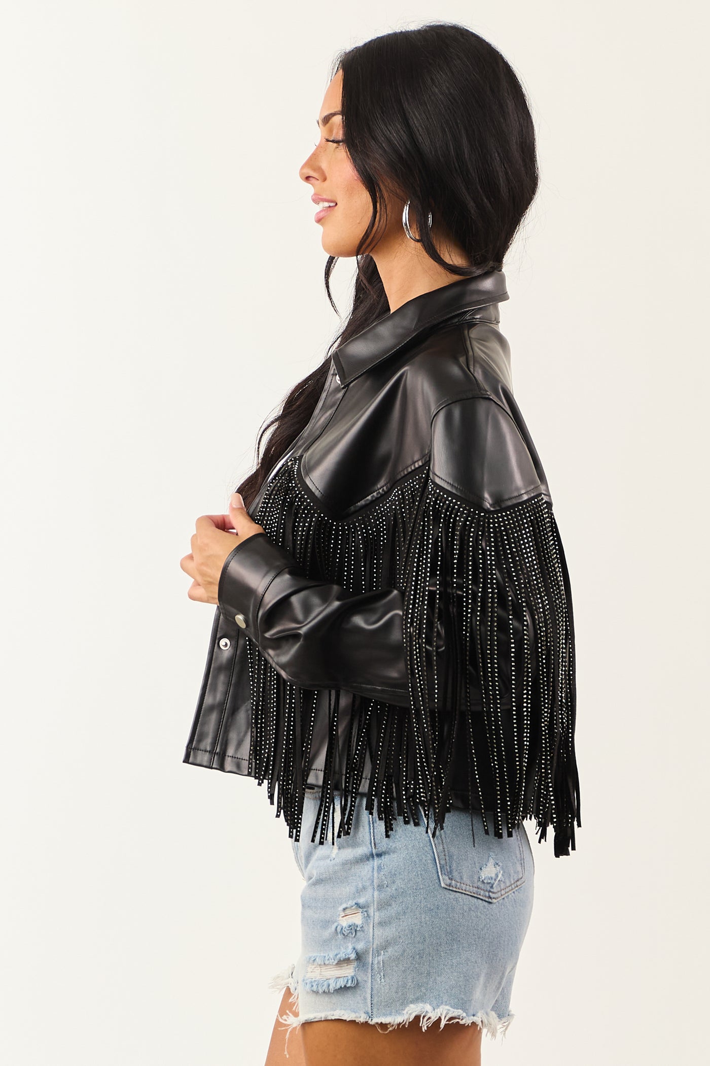 Black Gem Studded Fringe Faux Leather Button Up Jacket