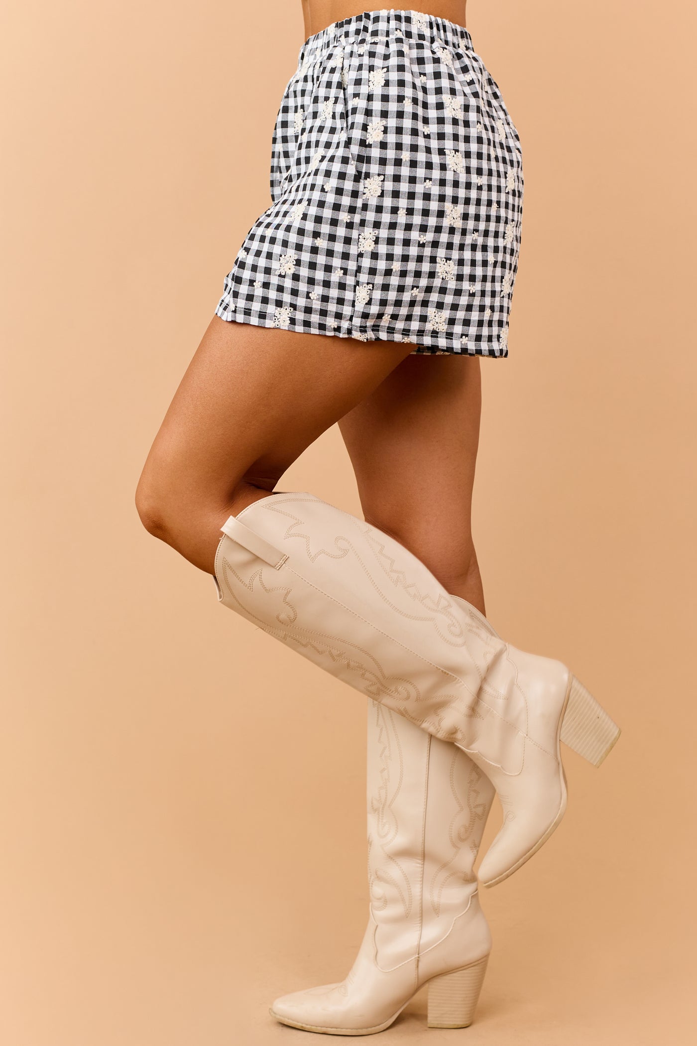 Black Gingham Embroidered Tank Top and Shorts Set