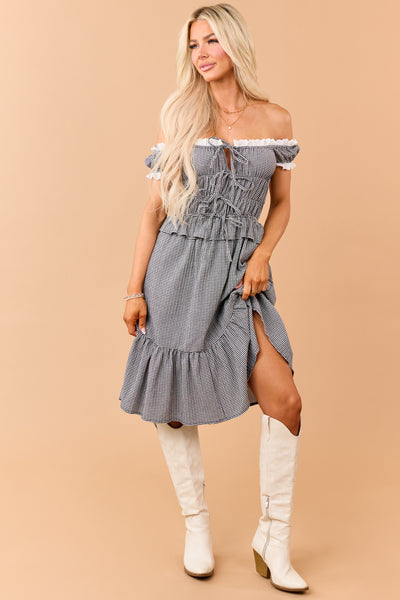 Black Gingham Eyelet Lace Trim Short Dress