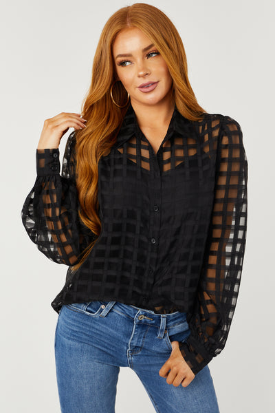 Black Gingham Jacquard Button Up Blouse