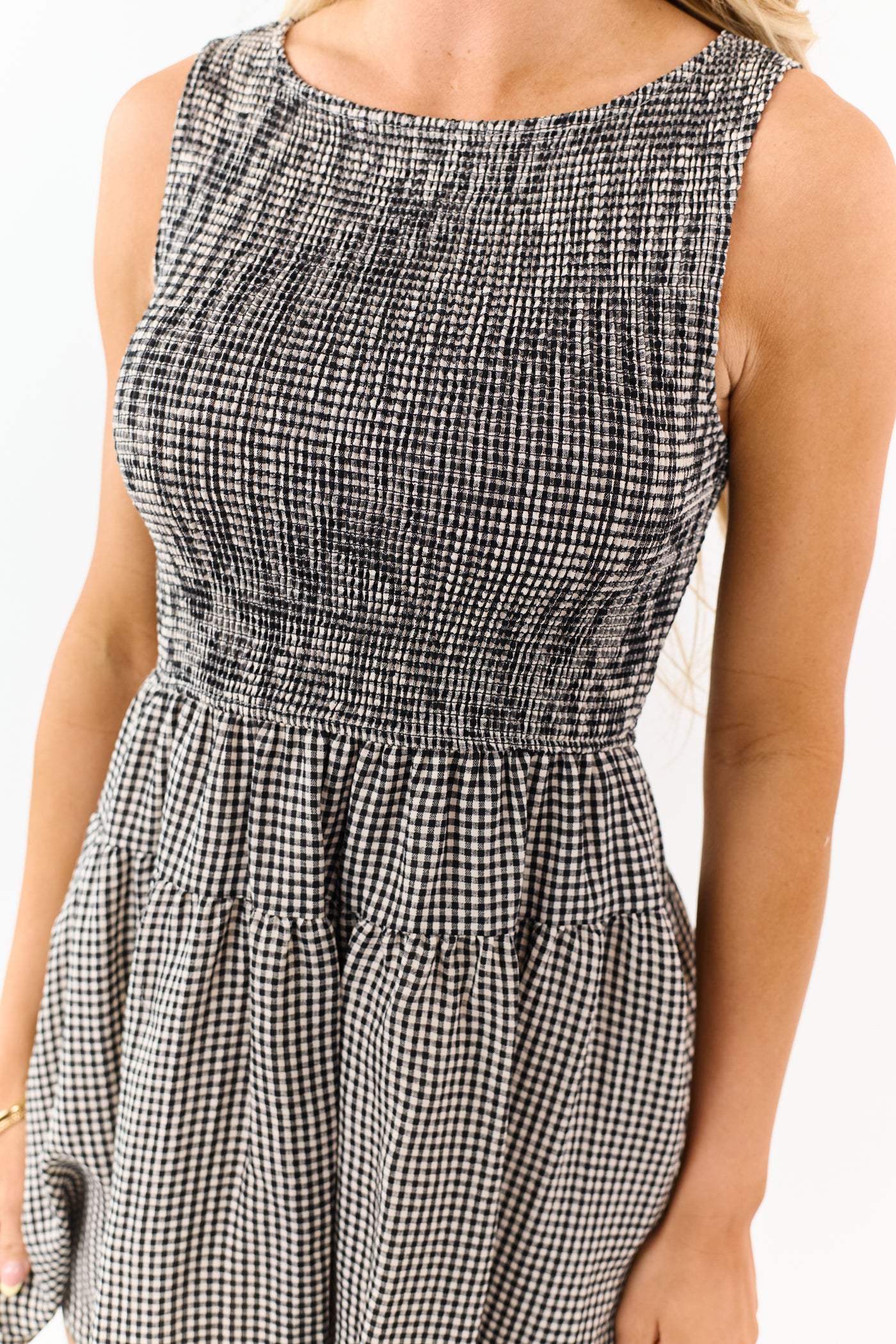 Black Gingham Smocked Bodice Sleeveless Mini Dress