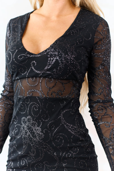 Black Glitter Mesh Pattern V-Neck Bodycon Mini Dress