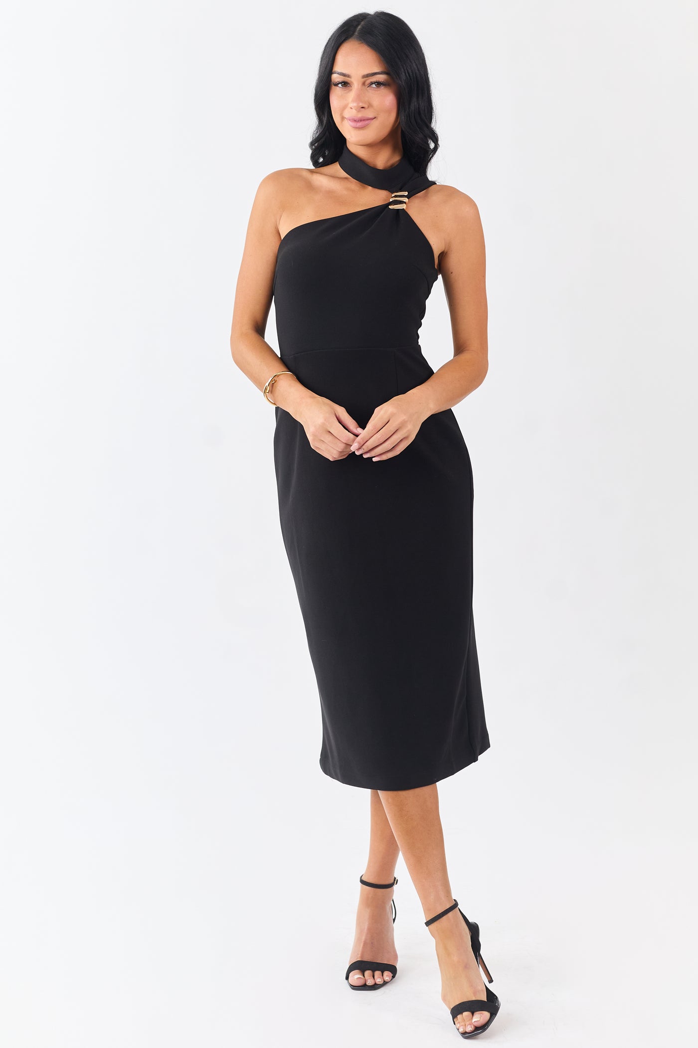 Black Gold Hardware Halter Neck Midi Dress