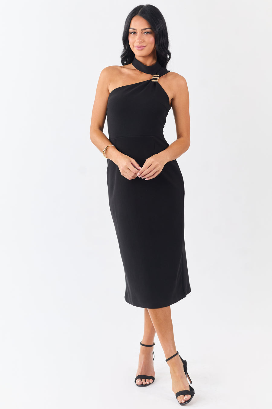Black Gold Hardware Halter Neck Midi Dress