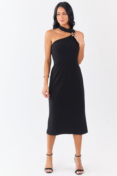 Black Gold Hardware Halter Neck Midi Dress
